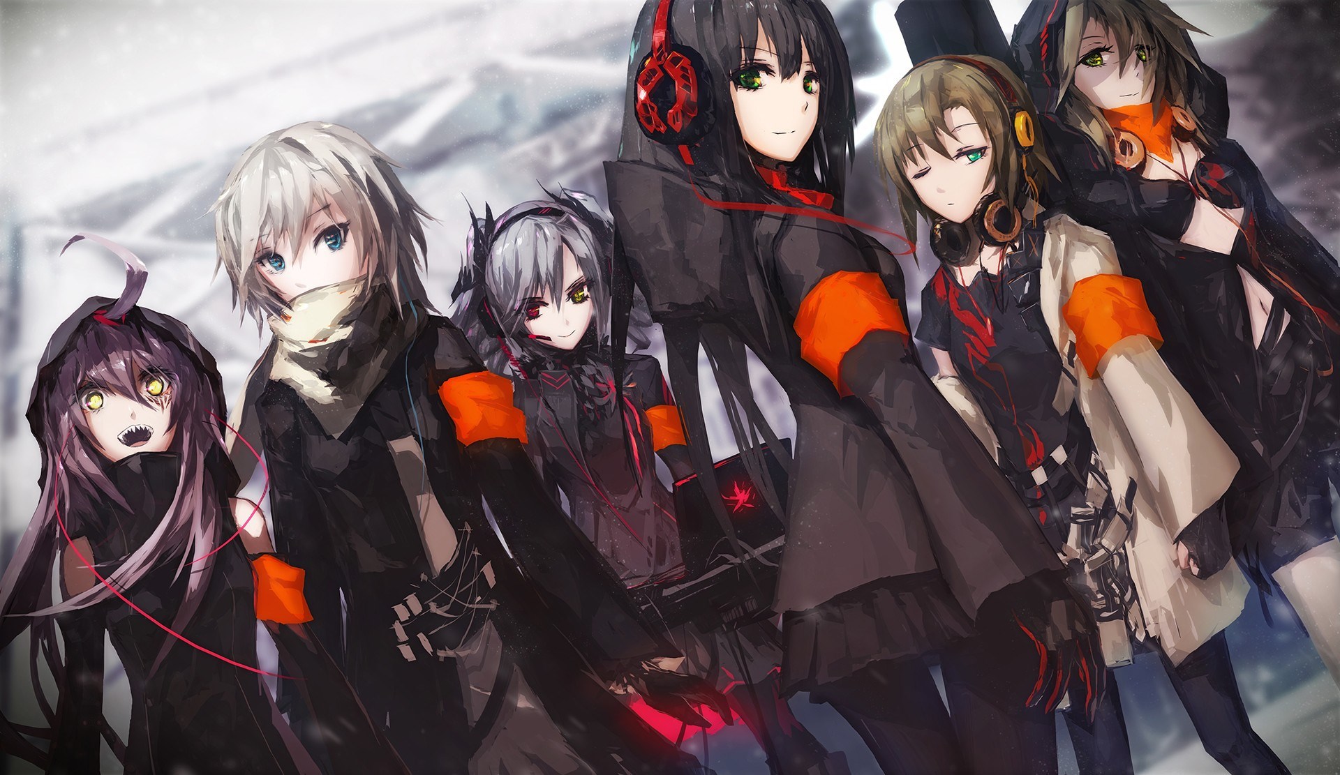 Group of anime girls with headphones and hoods HD Wallpaper