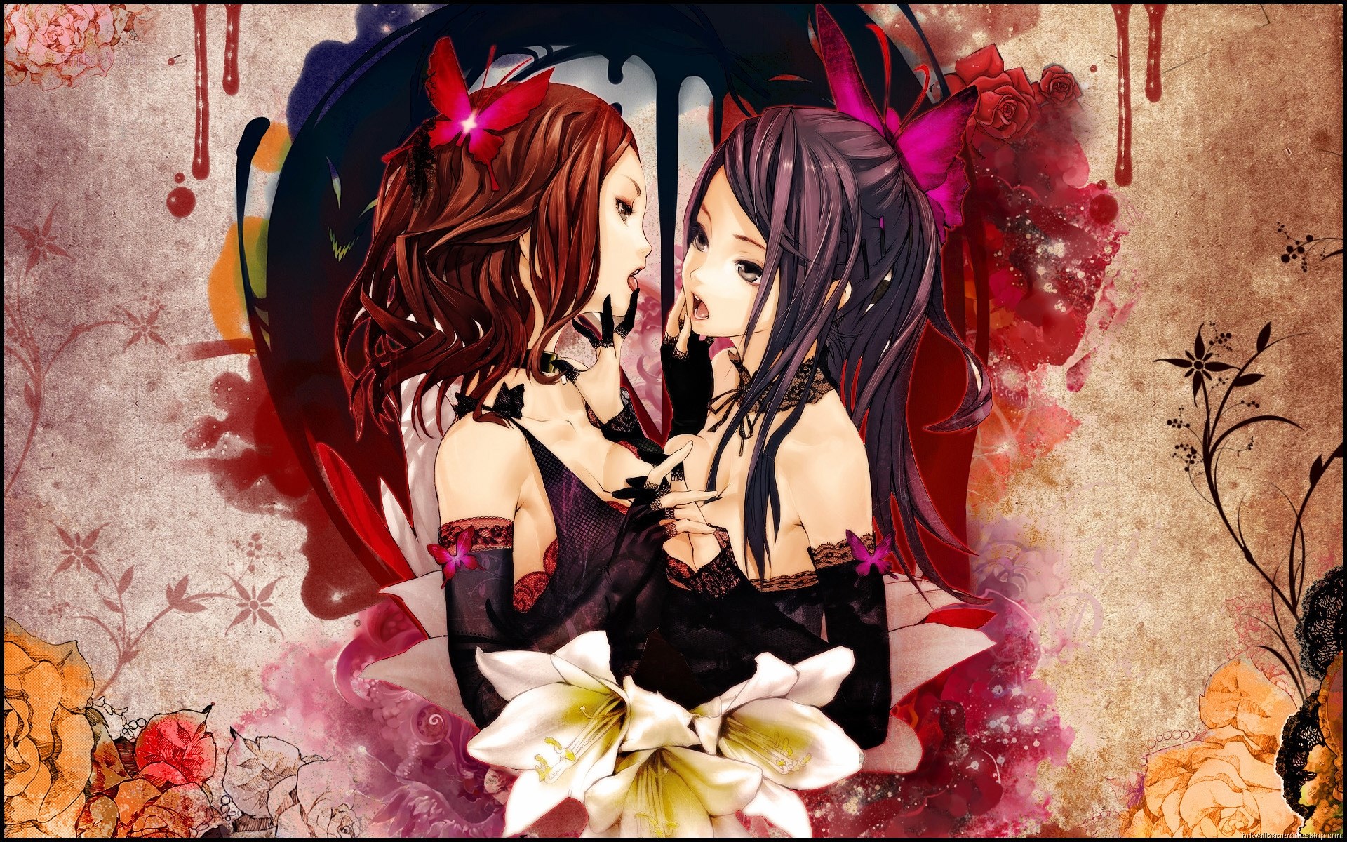 Two anime girls with butterflies and flowers HD Wallpaper