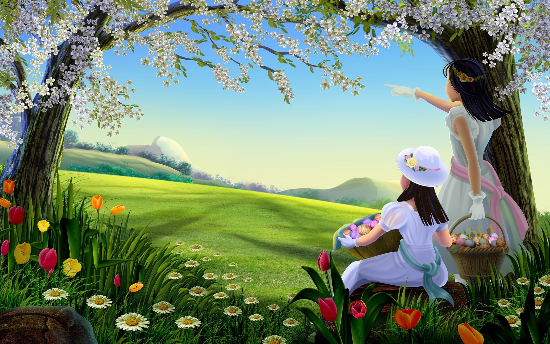 Two girls with Easter baskets in a spring meadow HD Wallpaper