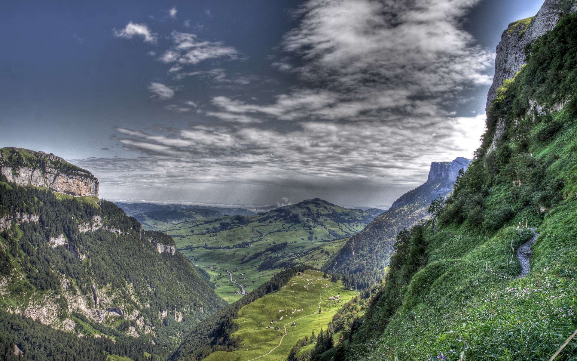 Green mountain valley with dramatic clouds HD Wallpaper