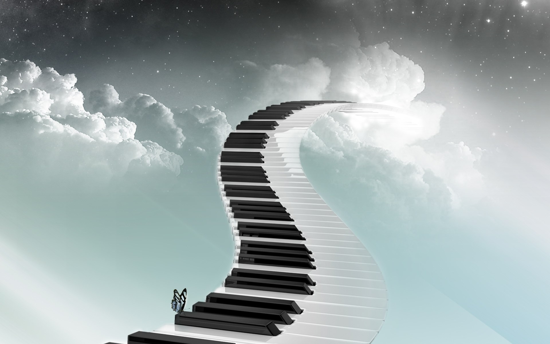 Piano keyboard stairs in clouds HD Wallpaper