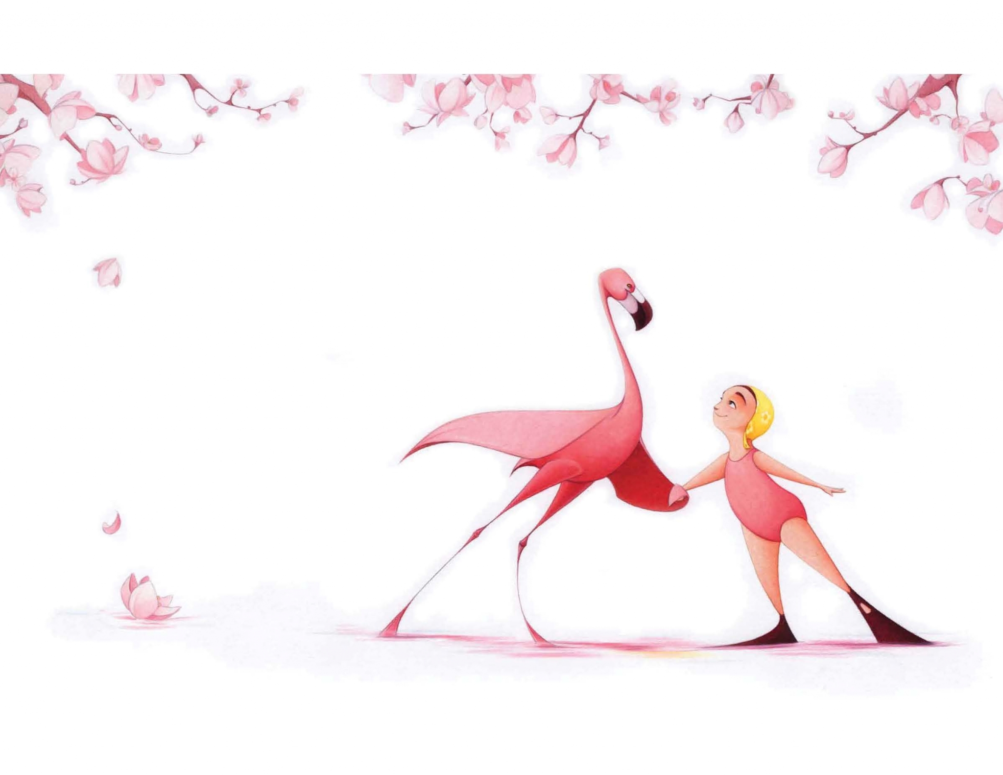 Girl and Flamingo under Cherry Blossoms HD Wallpaper