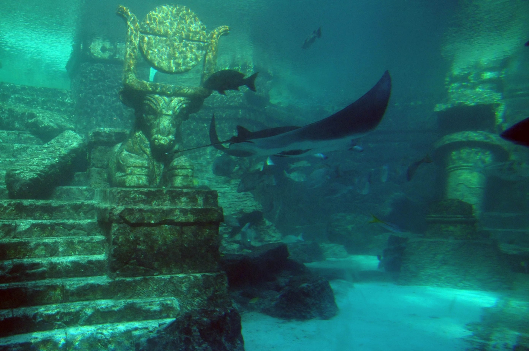 Underwater ancient ruins with manta rays and fish HD Wallpaper