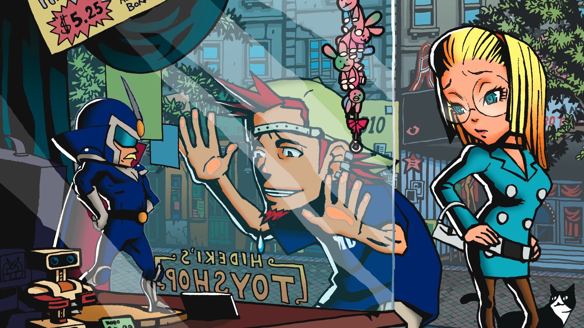 Viewtiful Joe characters in a toy shop window HD Wallpaper