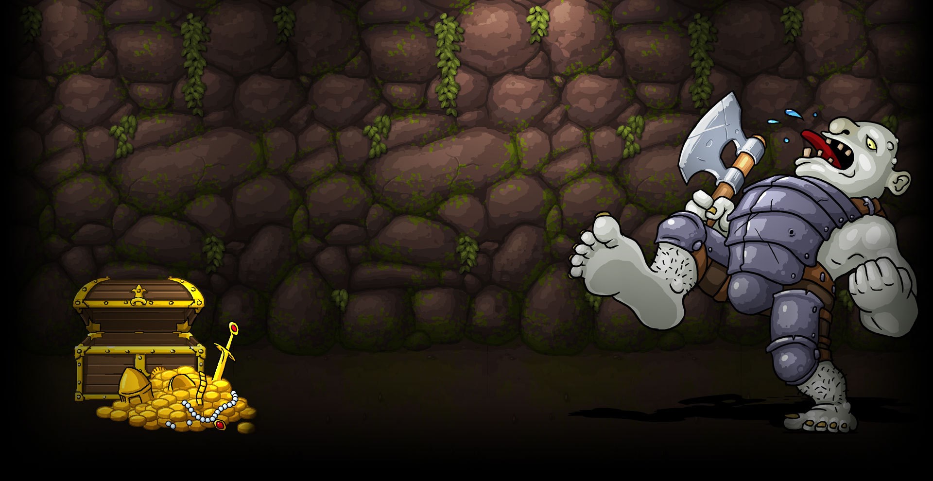 Orc with axe and treasure chest in cave HD Wallpaper