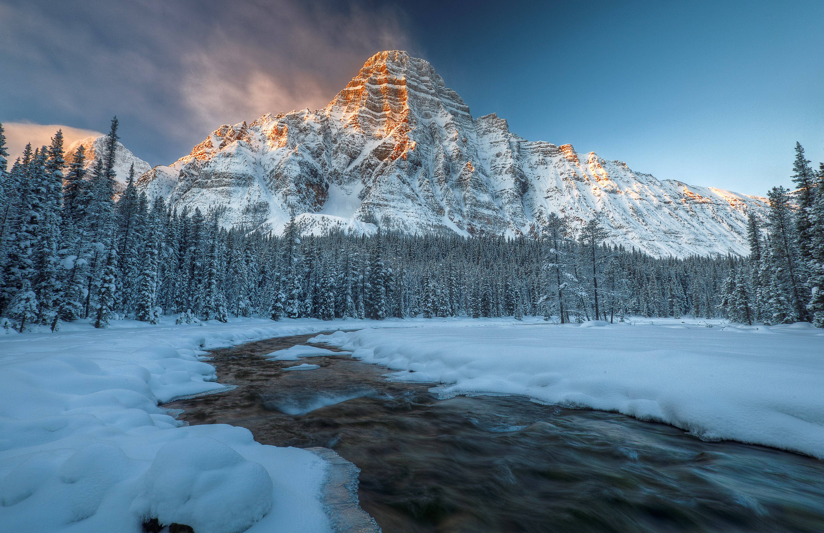 Snowy Mountain Peak with River and Forest HD Wallpaper