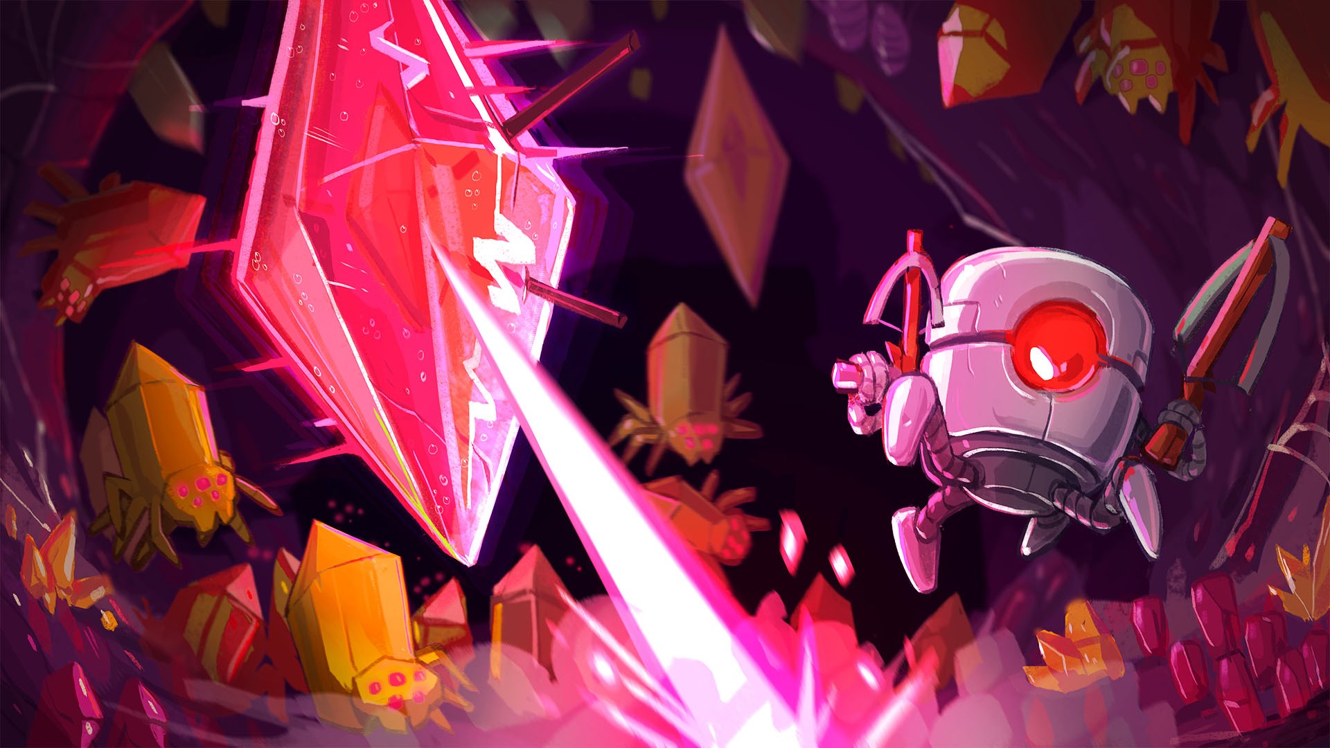 Robot firing laser at giant crystal in Nuclear Throne HD Wallpaper
