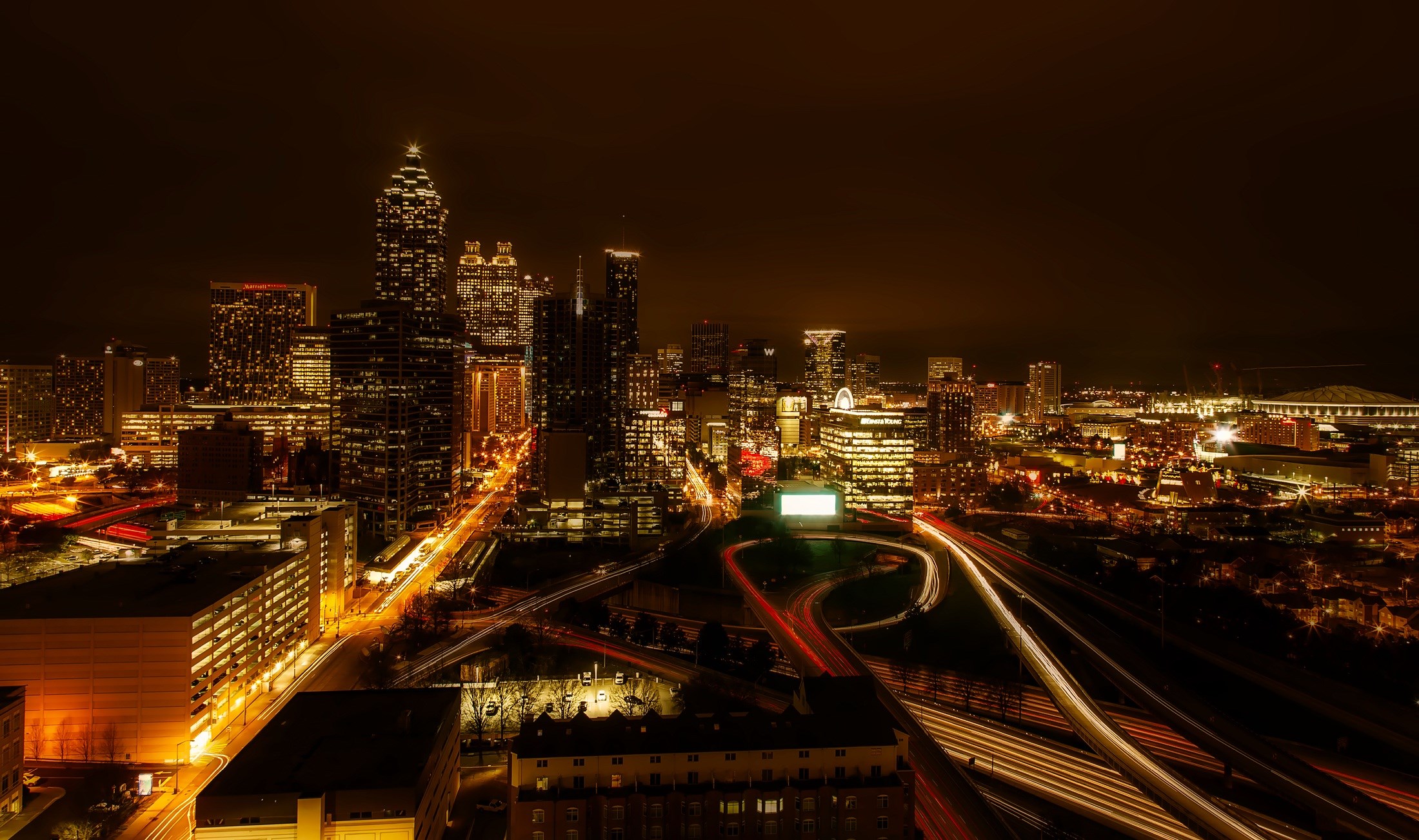 Cityscape at Night with Light Trails HD Wallpaper