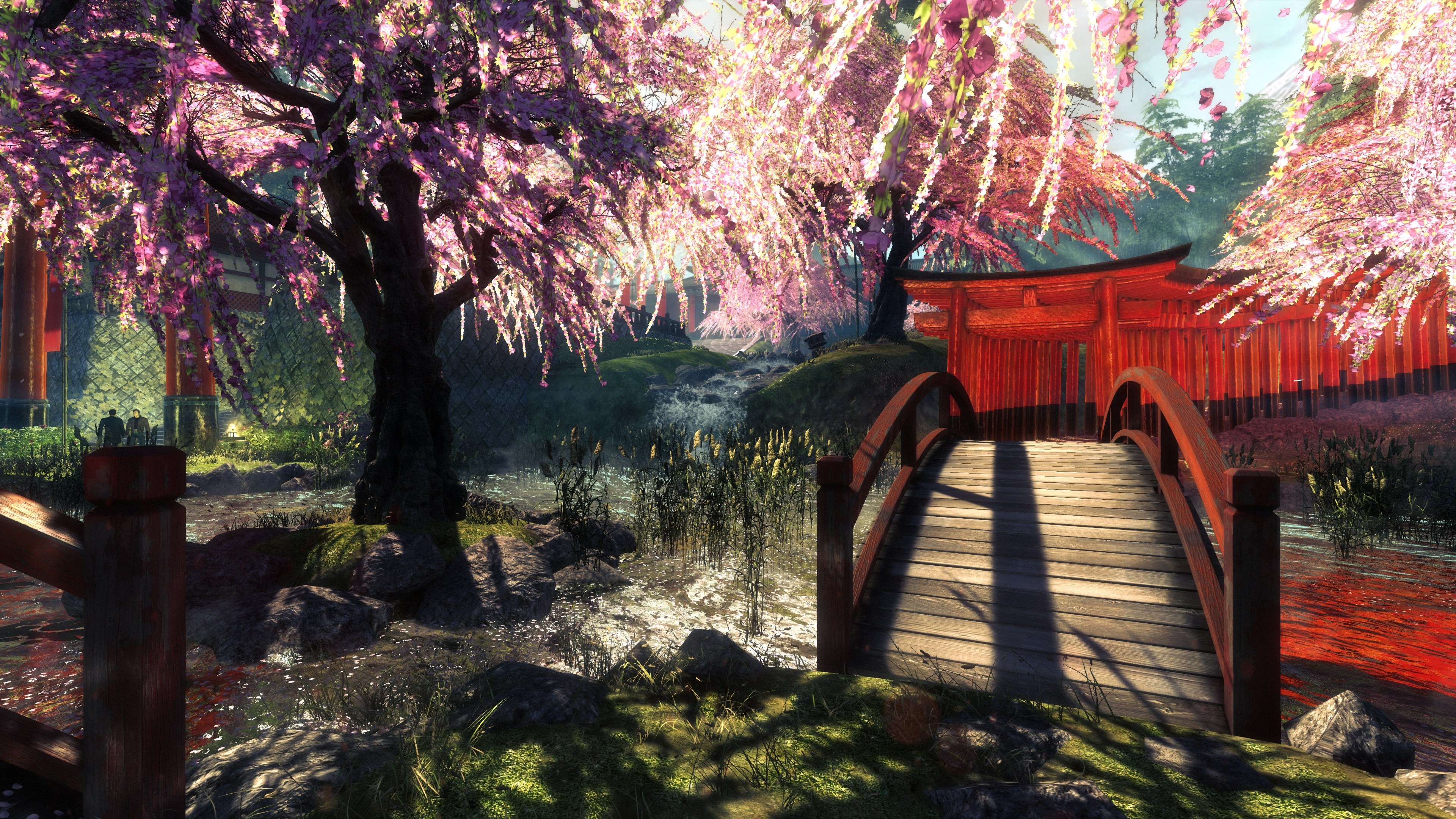 Video game scene with Japanese torii gates and cherry blossoms HD Wallpaper