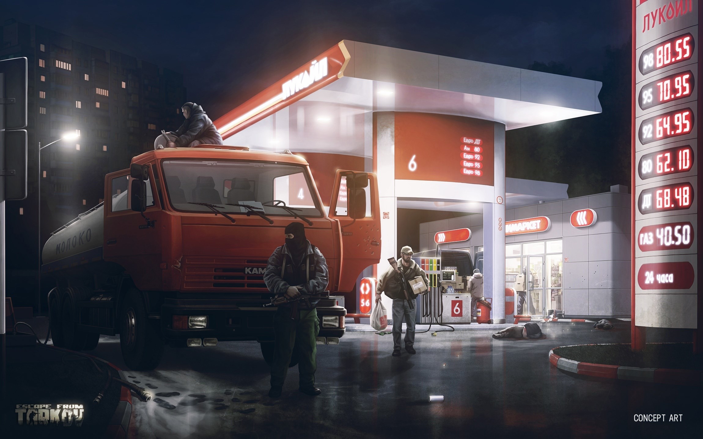 Escape from Tarkov concept art at a gas station HD Wallpaper