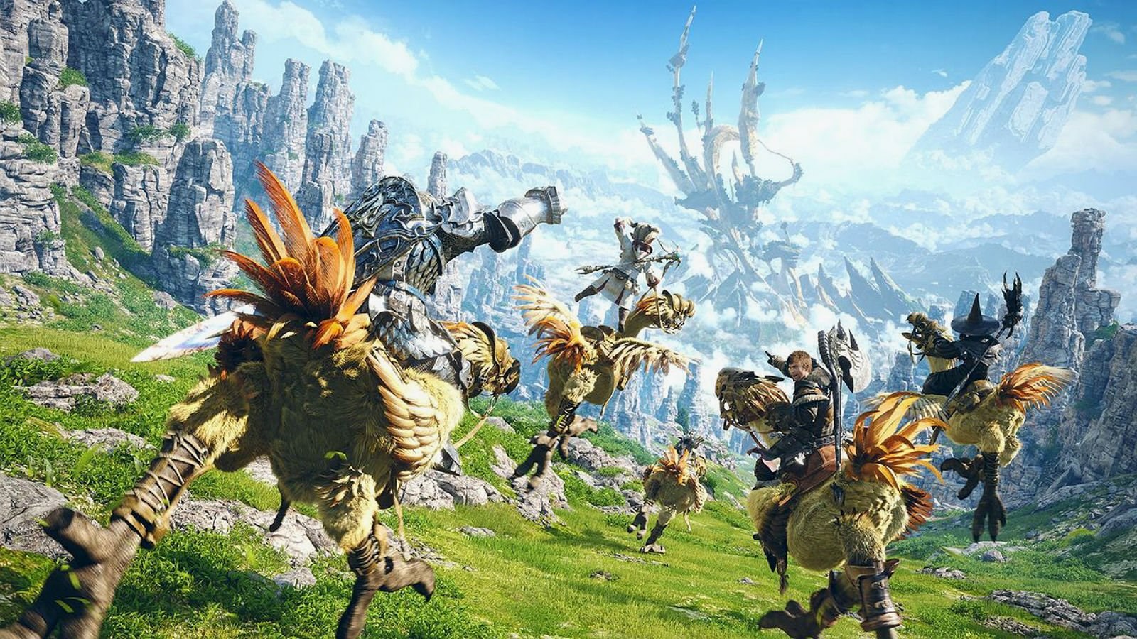 Final Fantasy XIV Chocobo Riders in a Mountainous Landscape HD Wallpaper