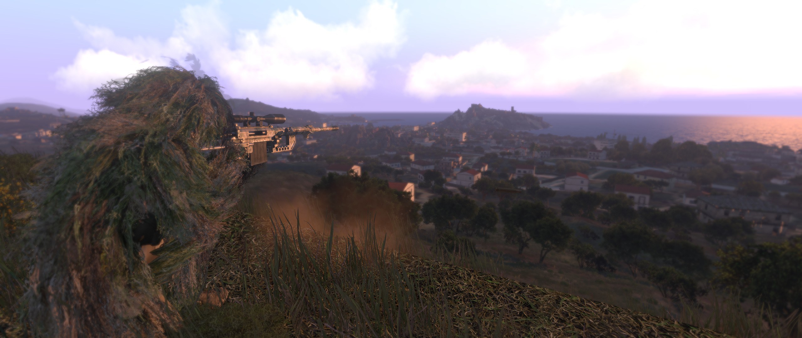 Sniper in ghillie suit aiming rifle in Arma 3 HD Wallpaper