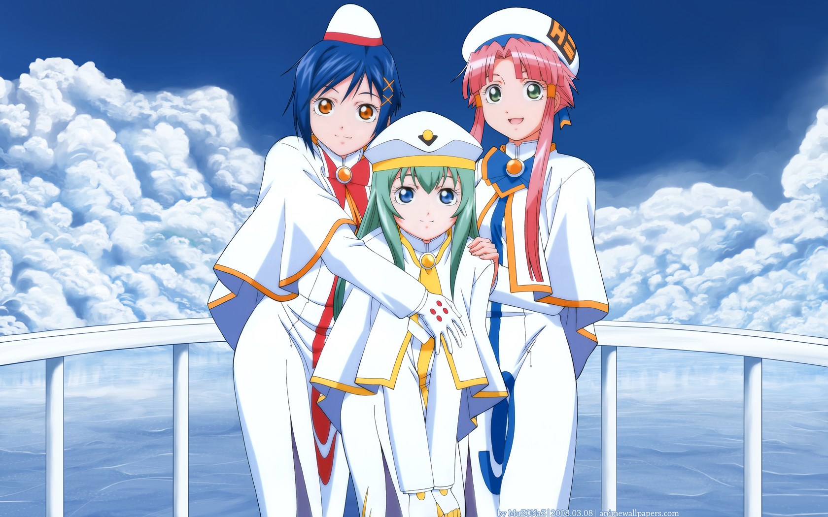 Three girls in sailor outfits on a ship deck HD Wallpaper