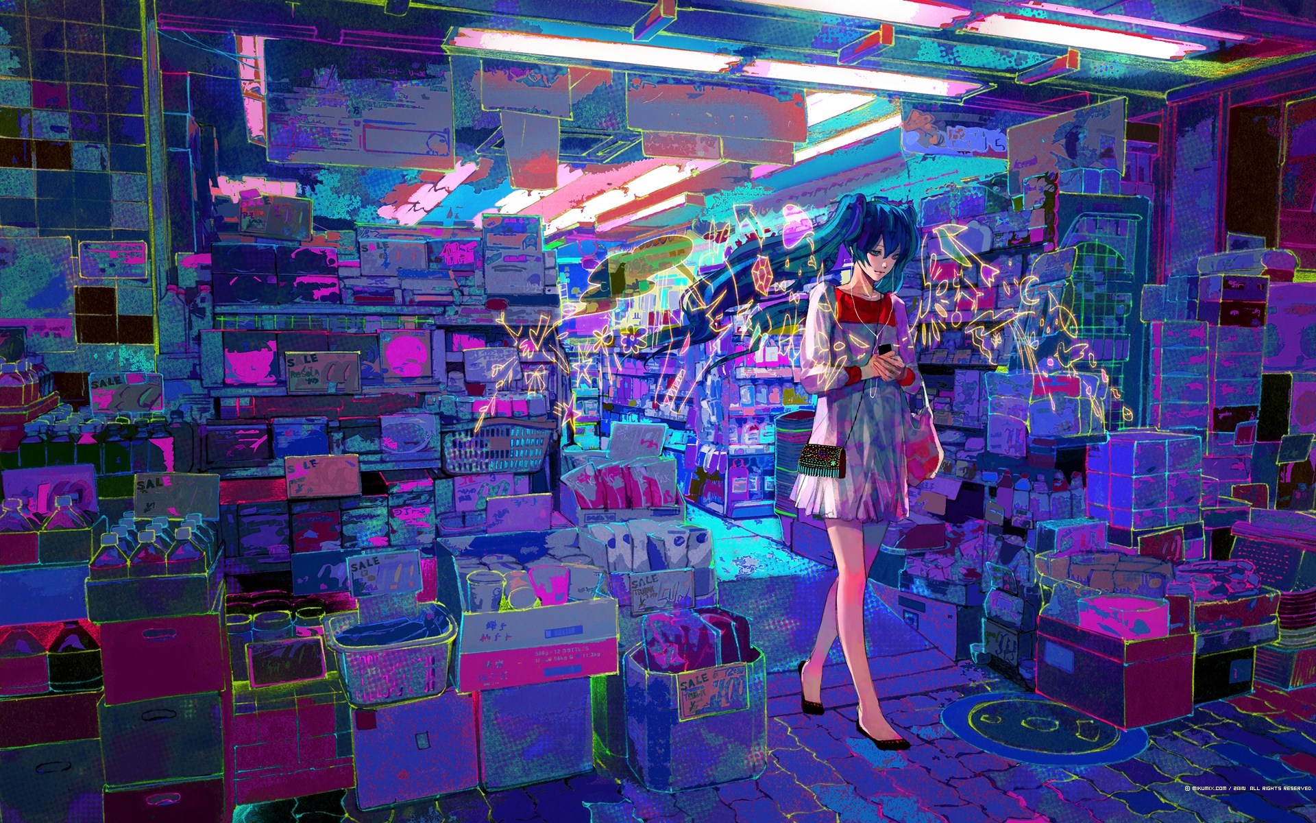 Vocaloid girl in a brightly lit convenience store HD Wallpaper