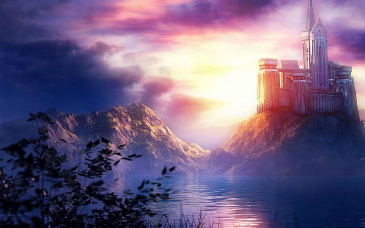 Fantasy castle on a hill overlooking a lake at sunset HD Wallpaper