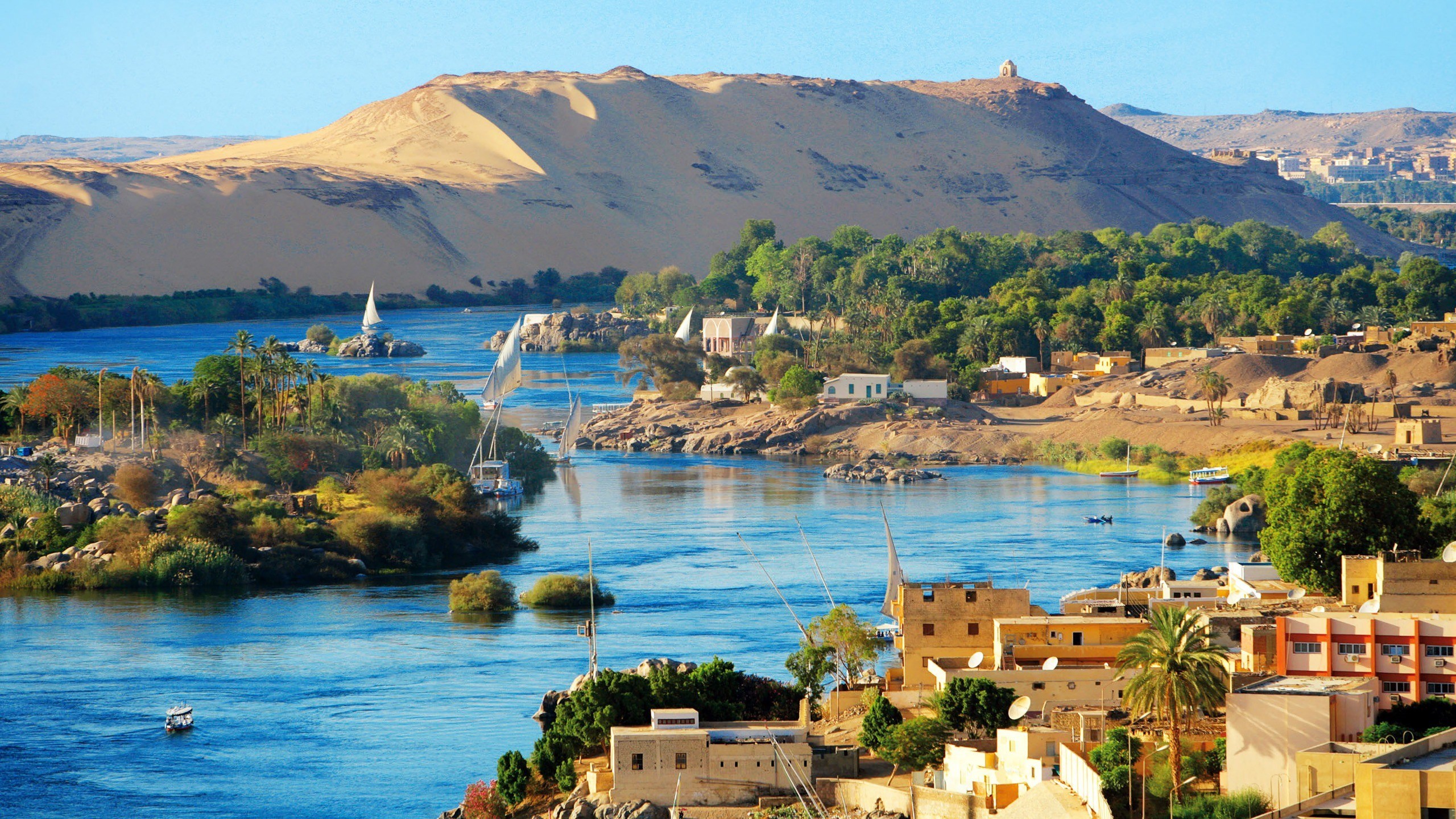 Aswan, Egypt: Nile River with Feluccas and Desert Landscape HD Wallpaper