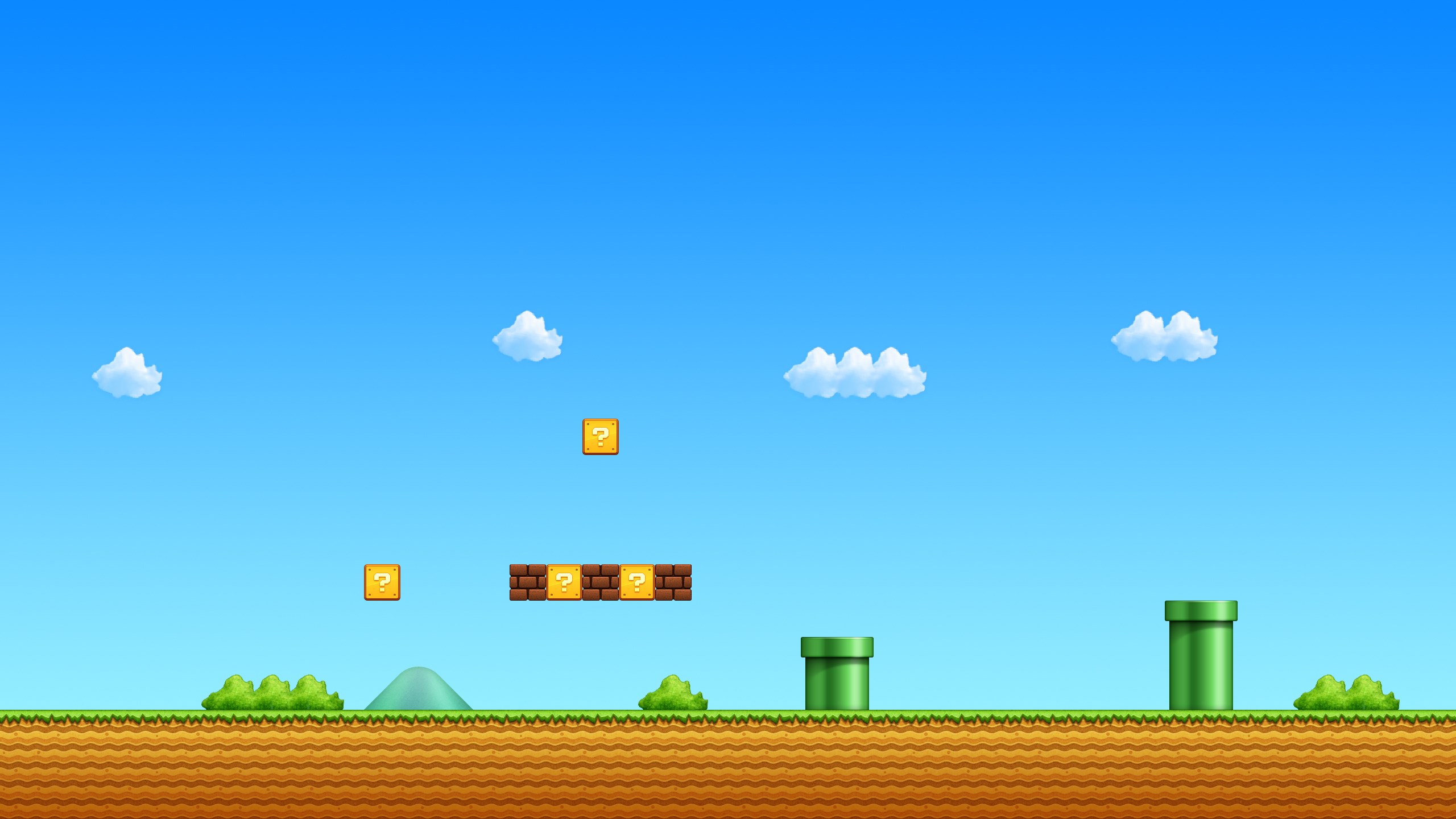 Super Mario Bros. landscape with question blocks and pipes HD Wallpaper