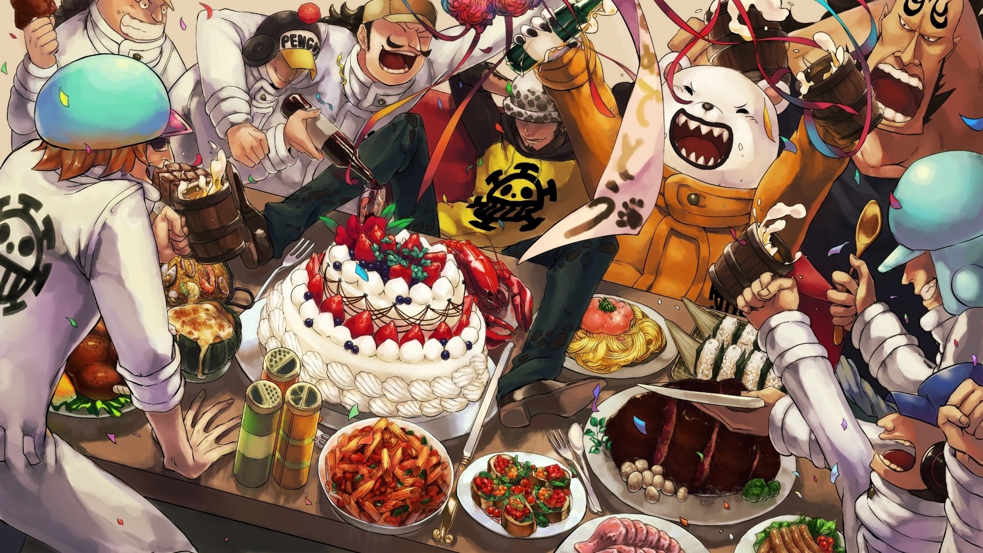 One Piece characters celebrating with a feast HD Wallpaper