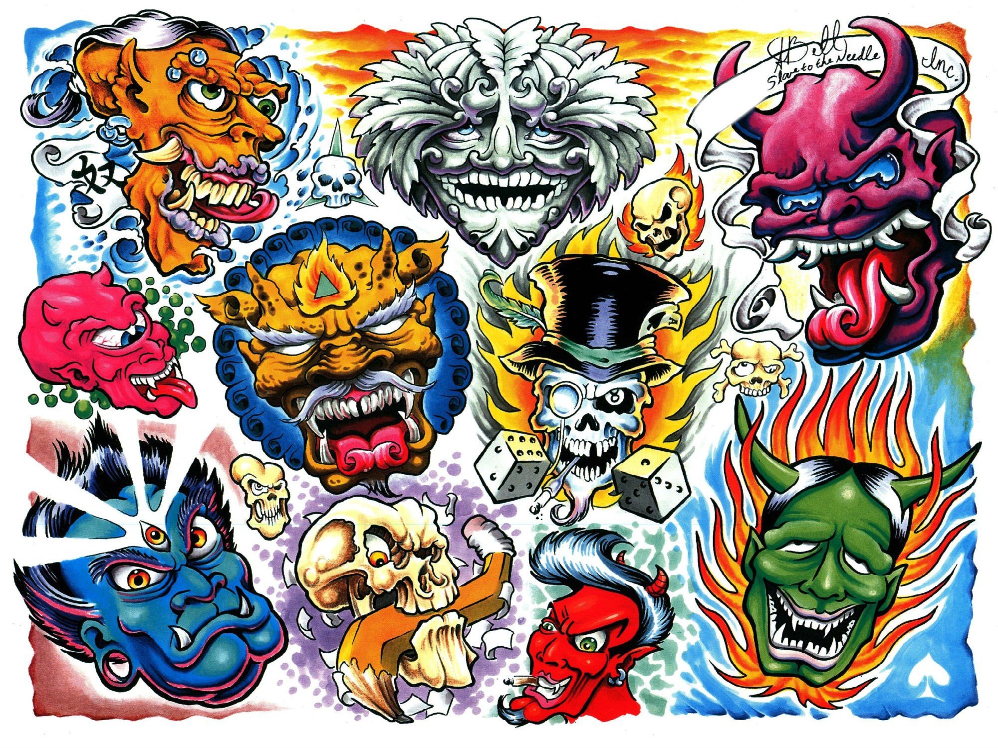 Tattoo flash sheet with demons and skulls HD Wallpaper