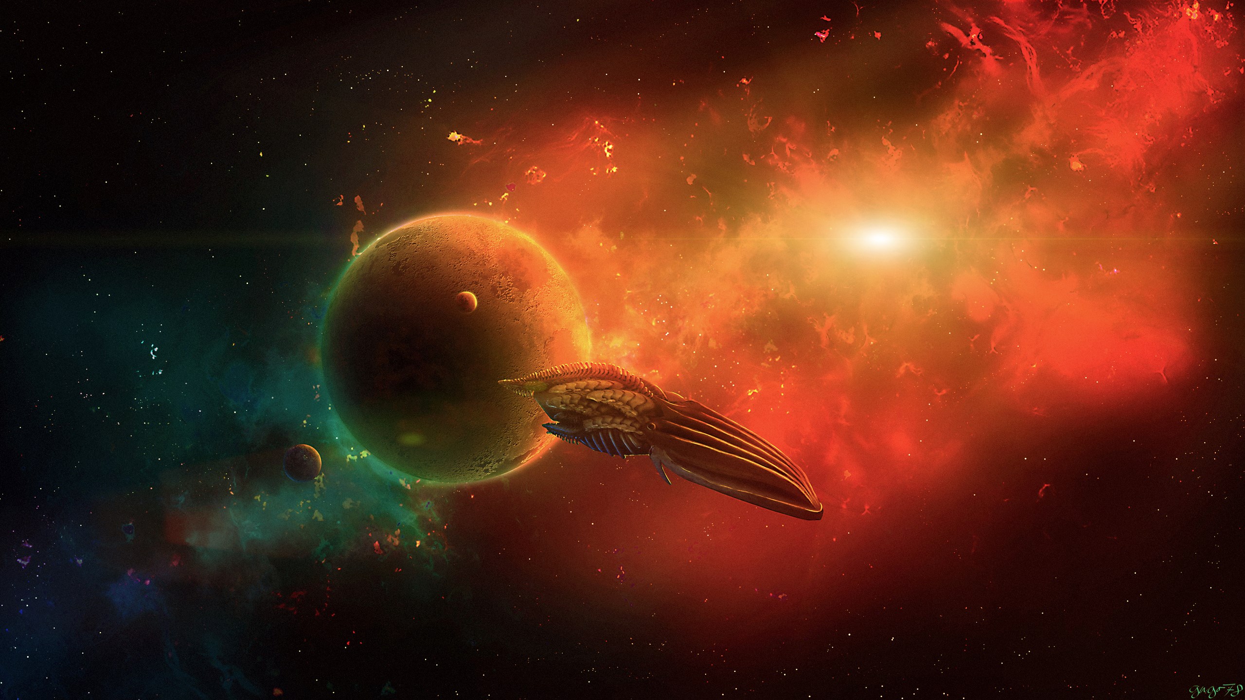 Spaceship near a planet in a nebula HD Wallpaper