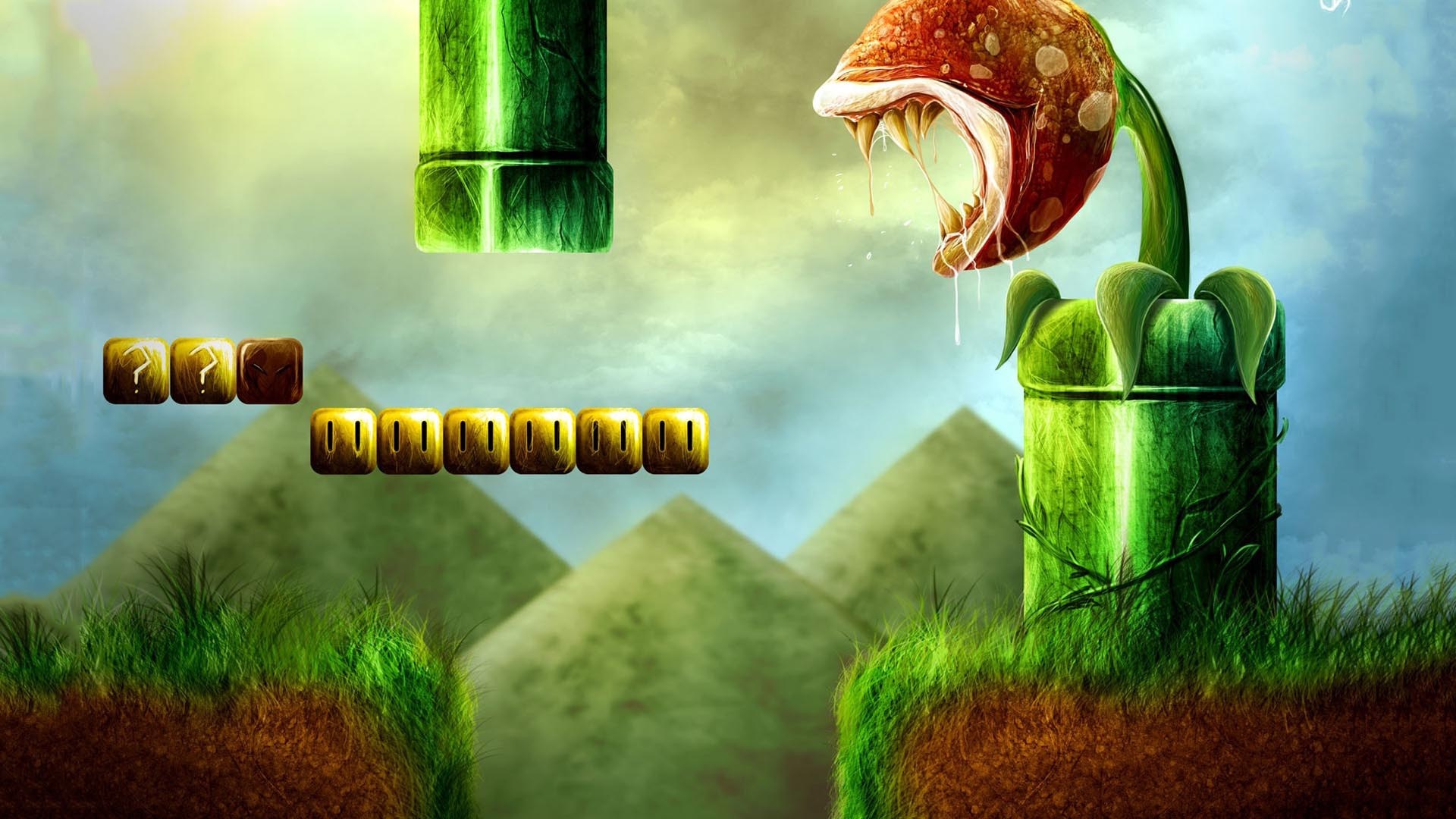 Super Mario Bros. Piranha Plant and Blocks HD Wallpaper