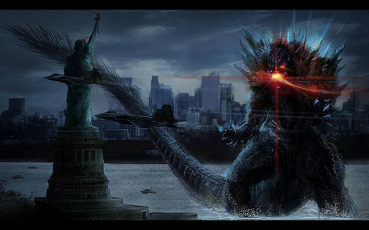 Godzilla attacking New York City near Statue of Liberty HD Wallpaper