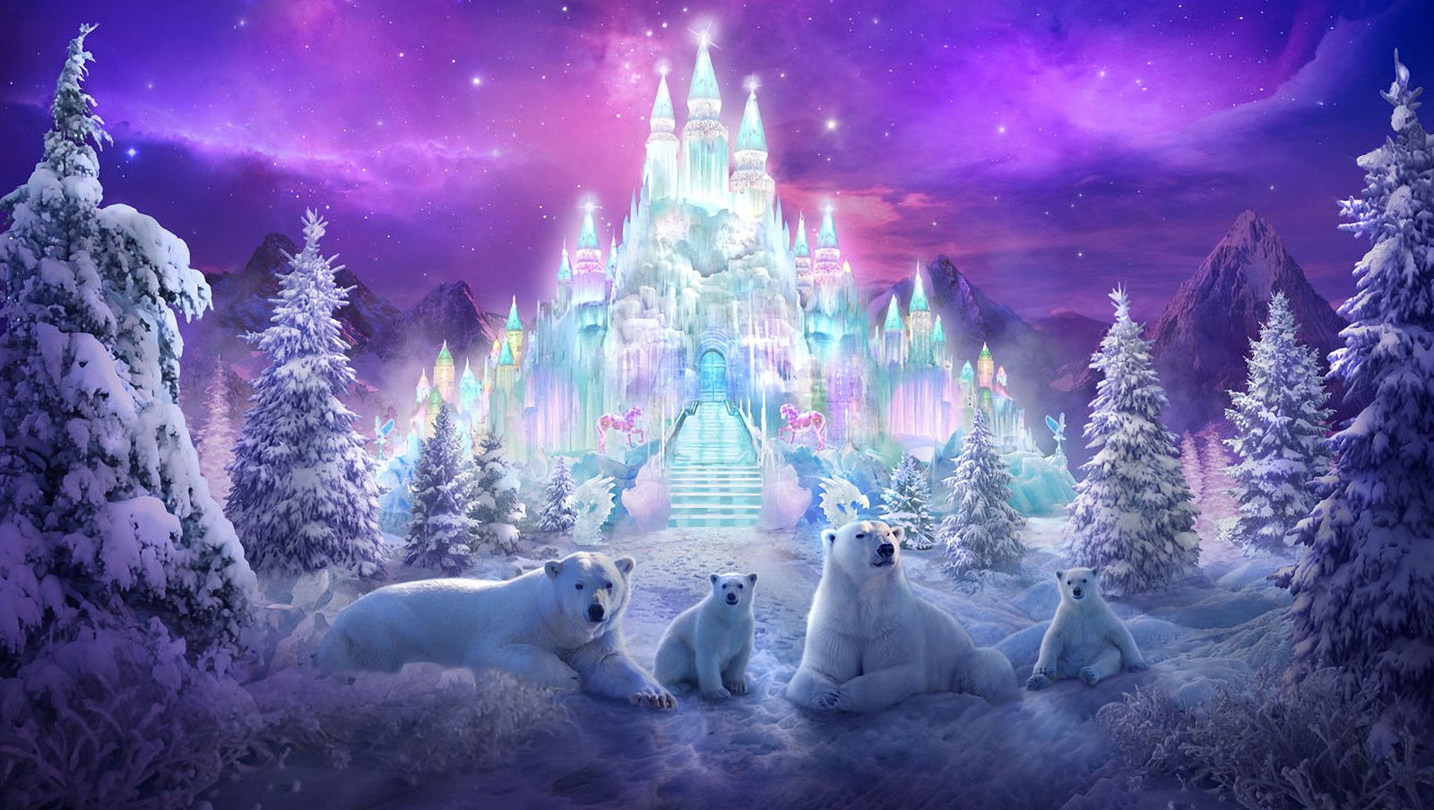 Polar bears in front of an ice castle HD Wallpaper