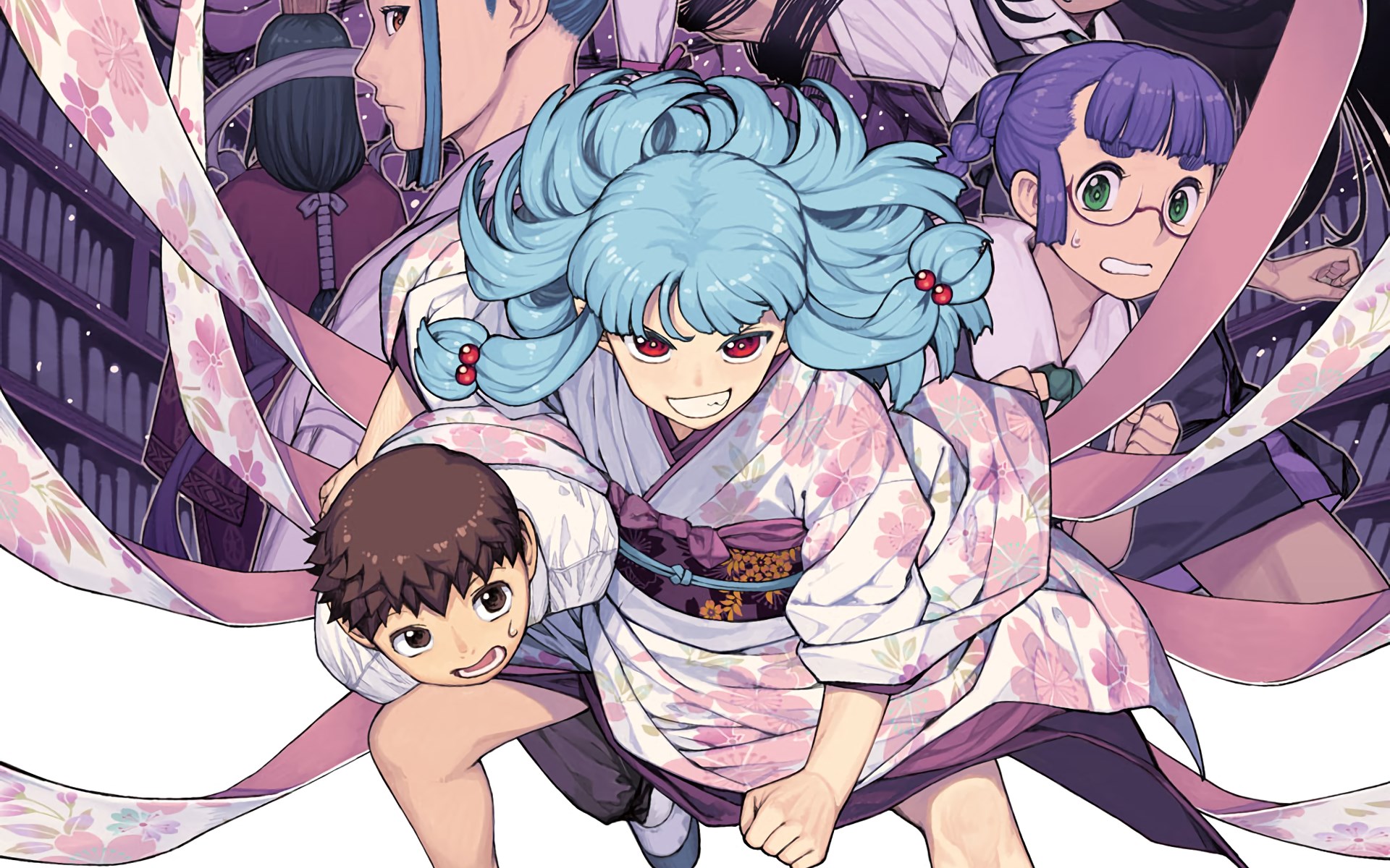 Tsugumomo characters in traditional Japanese attire HD Wallpaper