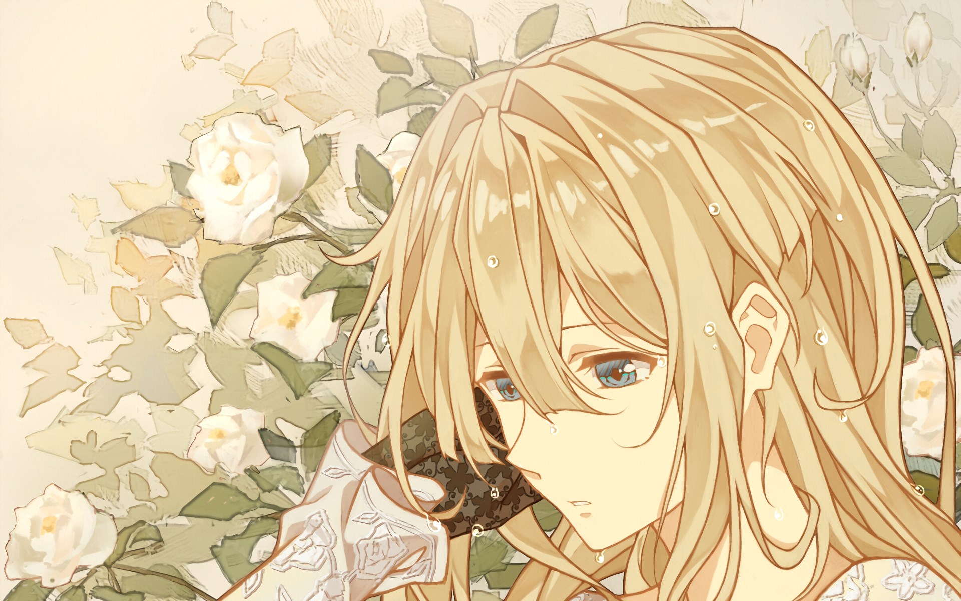 Violet Evergarden with white roses HD Wallpaper