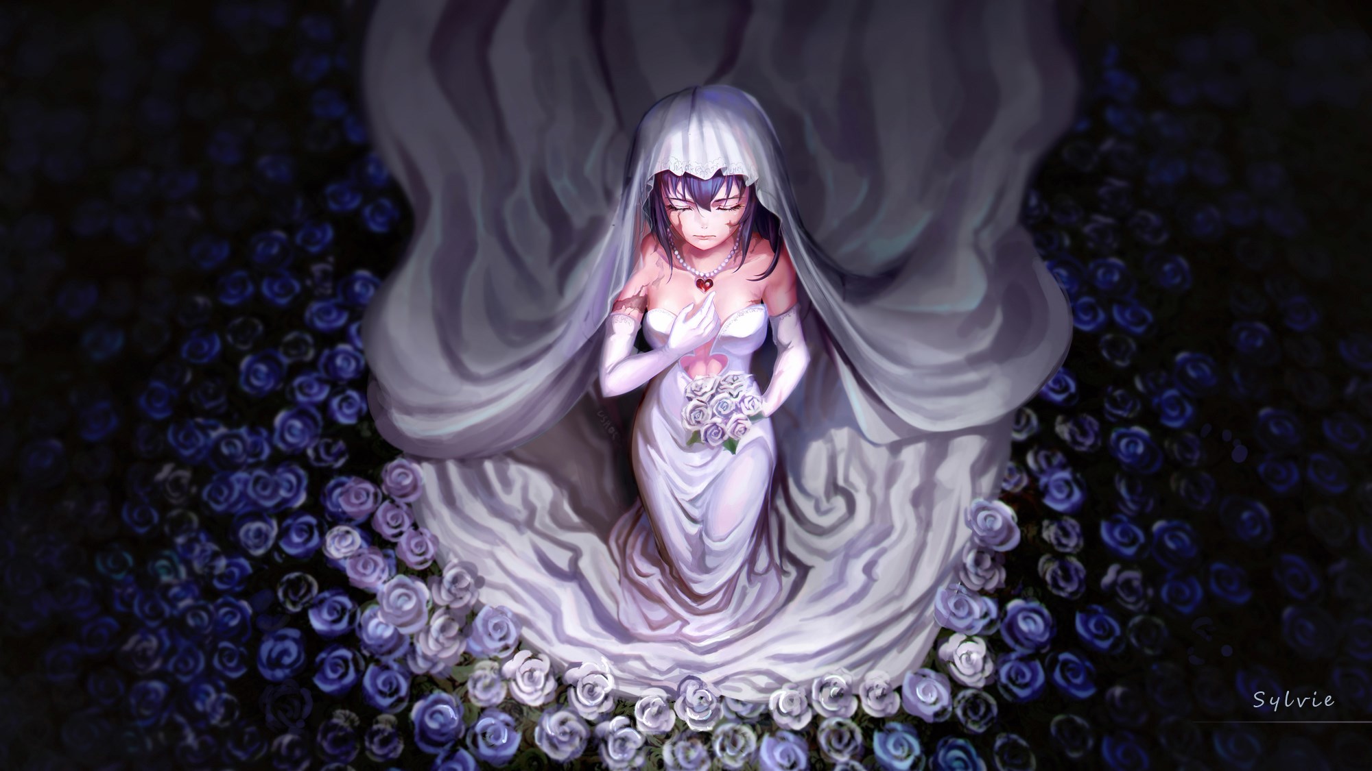 Bride in a white dress surrounded by blue roses HD Wallpaper