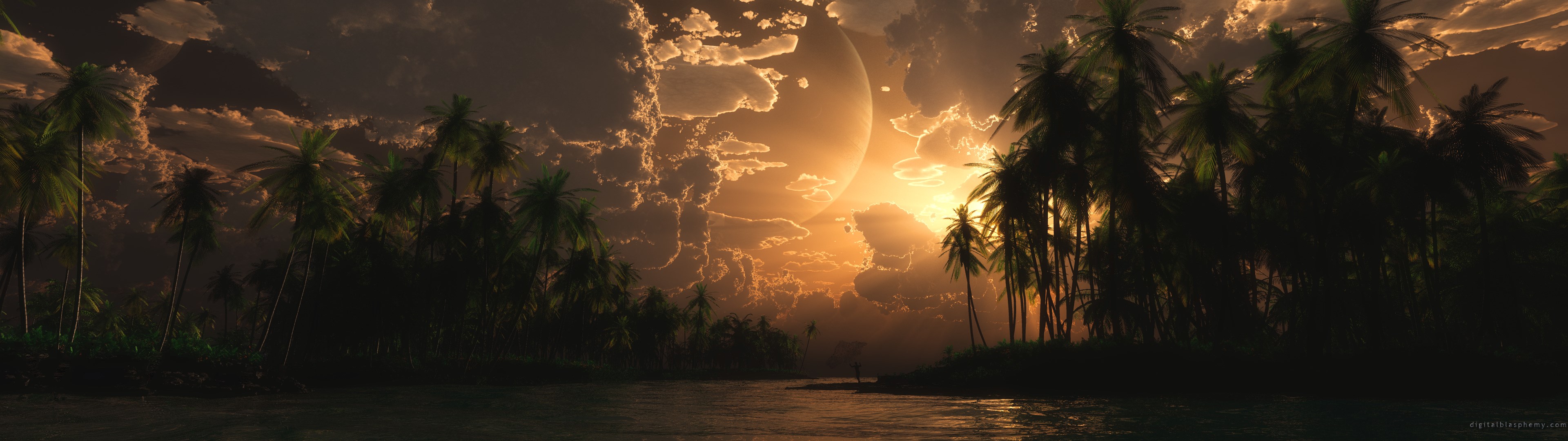 Fantasy tropical island with large moon at sunset HD Wallpaper