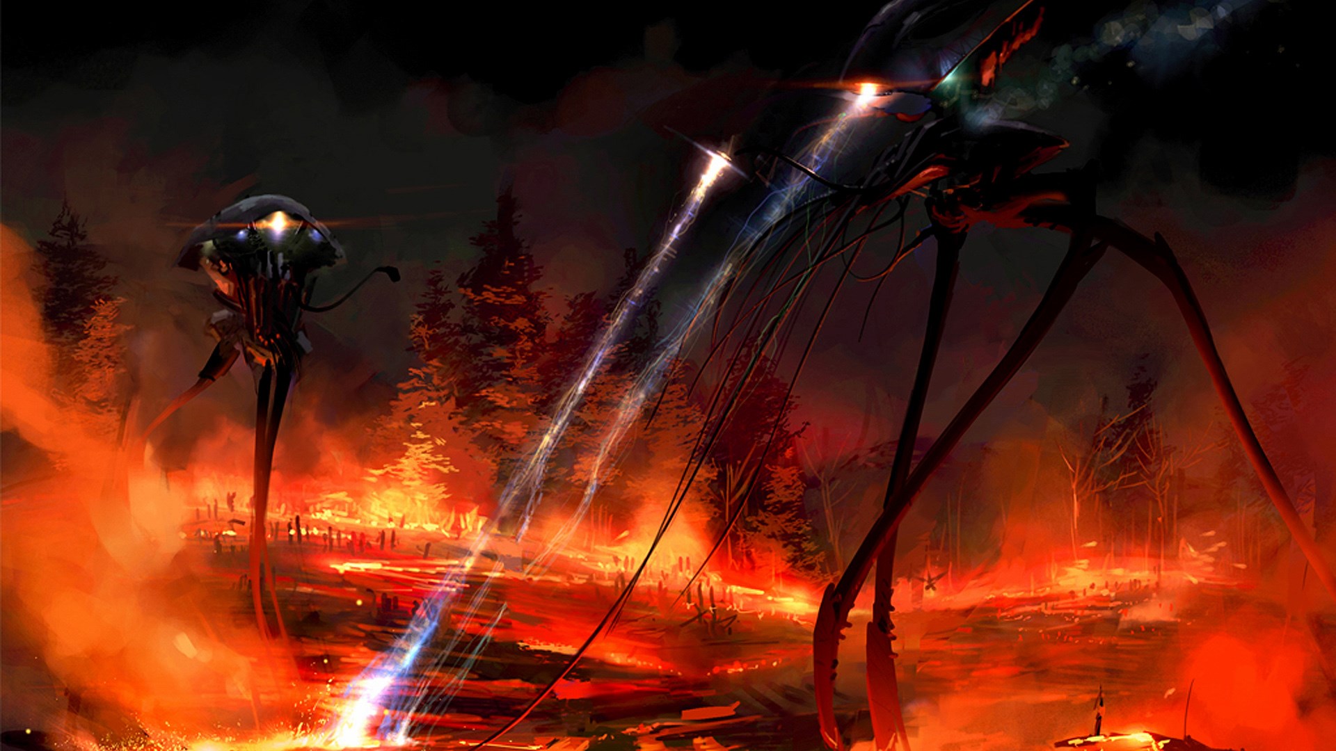 War of the Worlds tripods in a burning forest HD Wallpaper