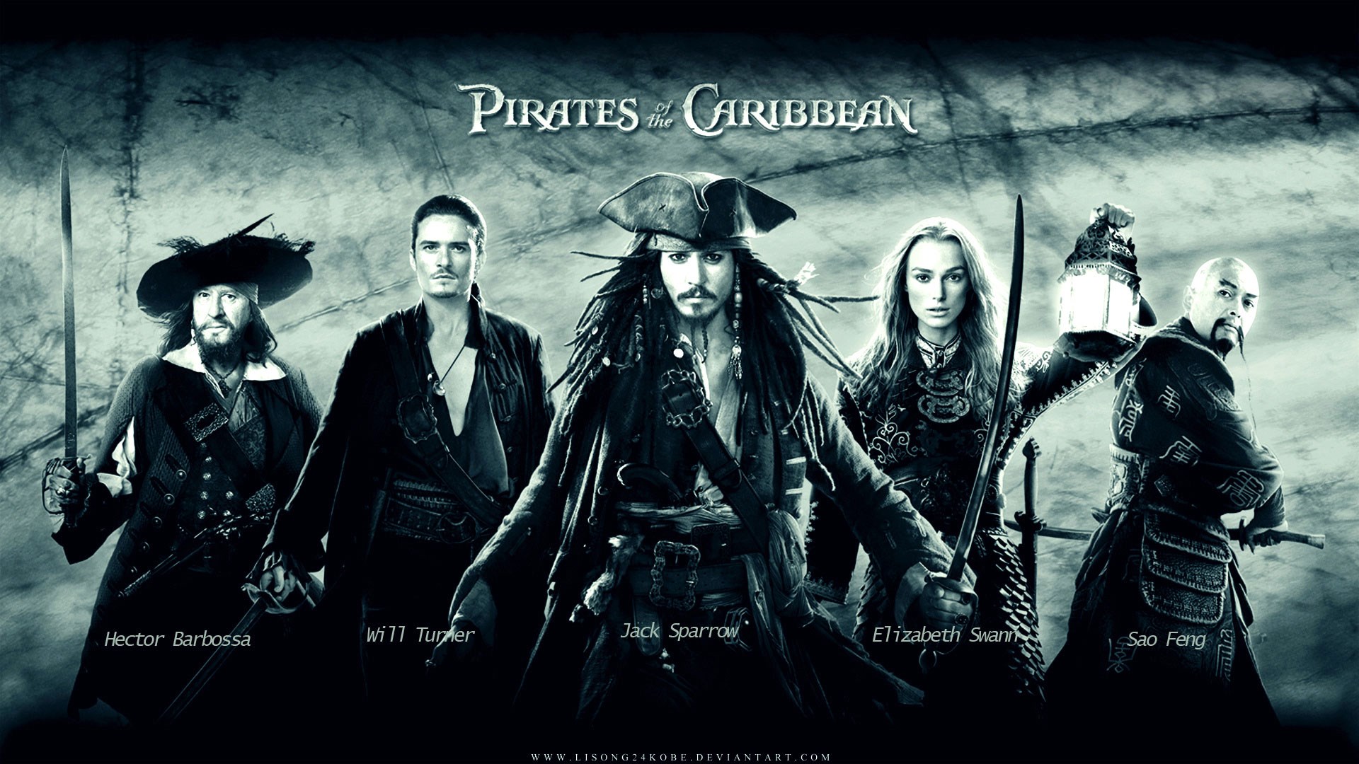 Pirates of the Caribbean characters: Hector Barbossa, Will Turner, Jack Sparrow, Elizabeth Swann, Sao Feng HD Wallpaper