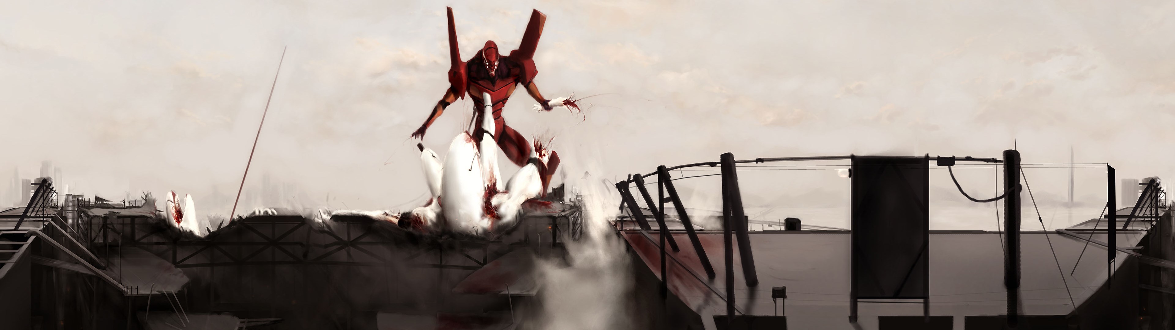 Red Eva Unit fighting in a destroyed city HD Wallpaper