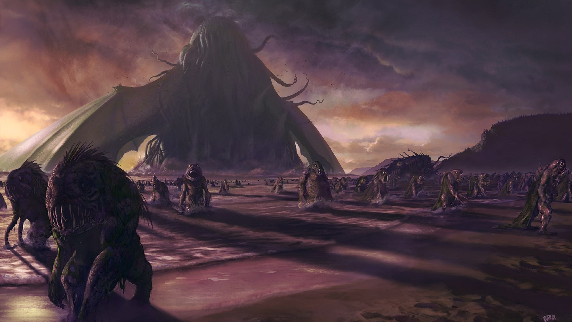 Cthulhu and his monstrous army on a beach HD Wallpaper