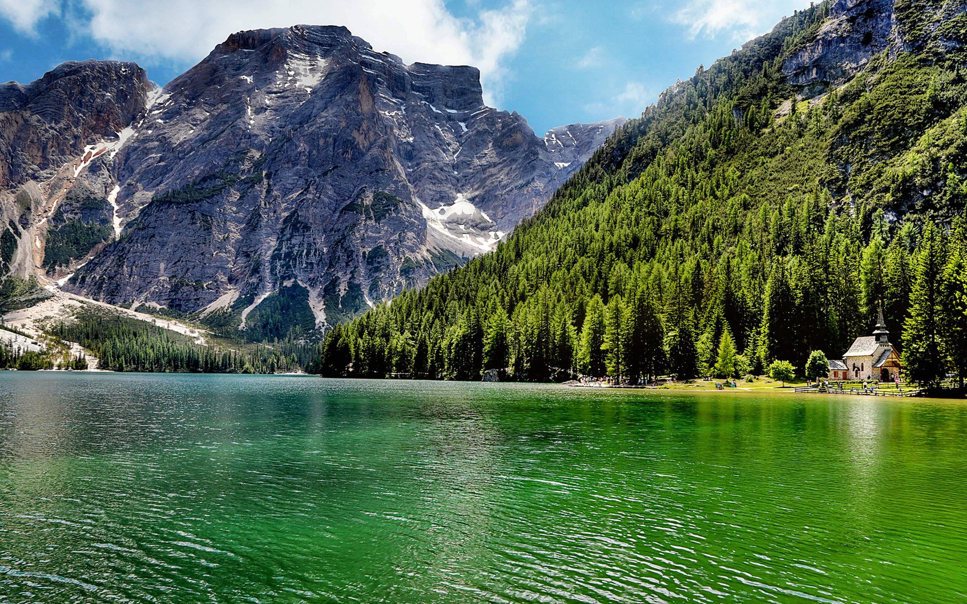 Lake and Mountains with Forest and Church HD Wallpaper