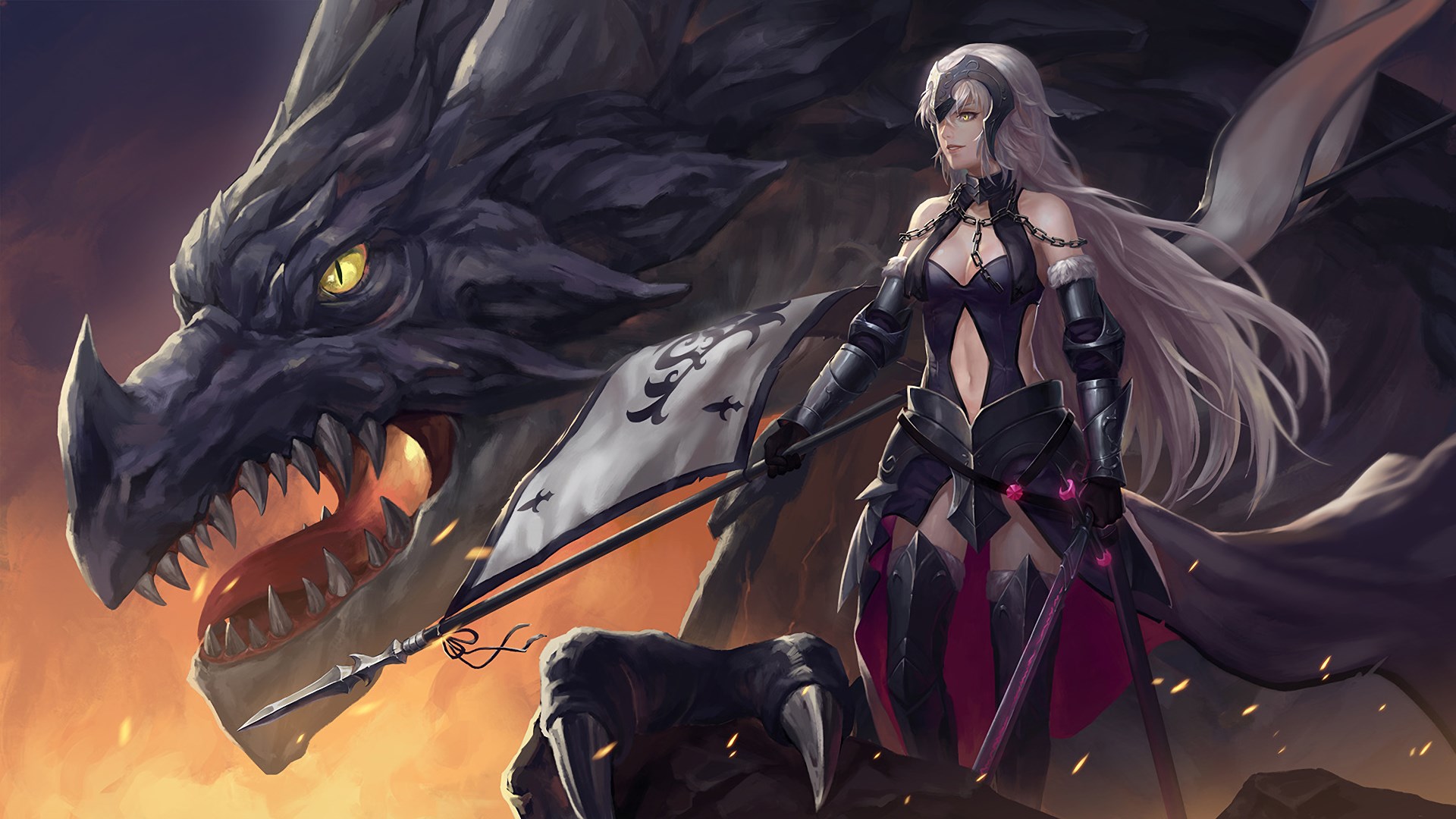 Jeanne d'Arc Alter from Fate/Grand Order with a Dragon HD Wallpaper