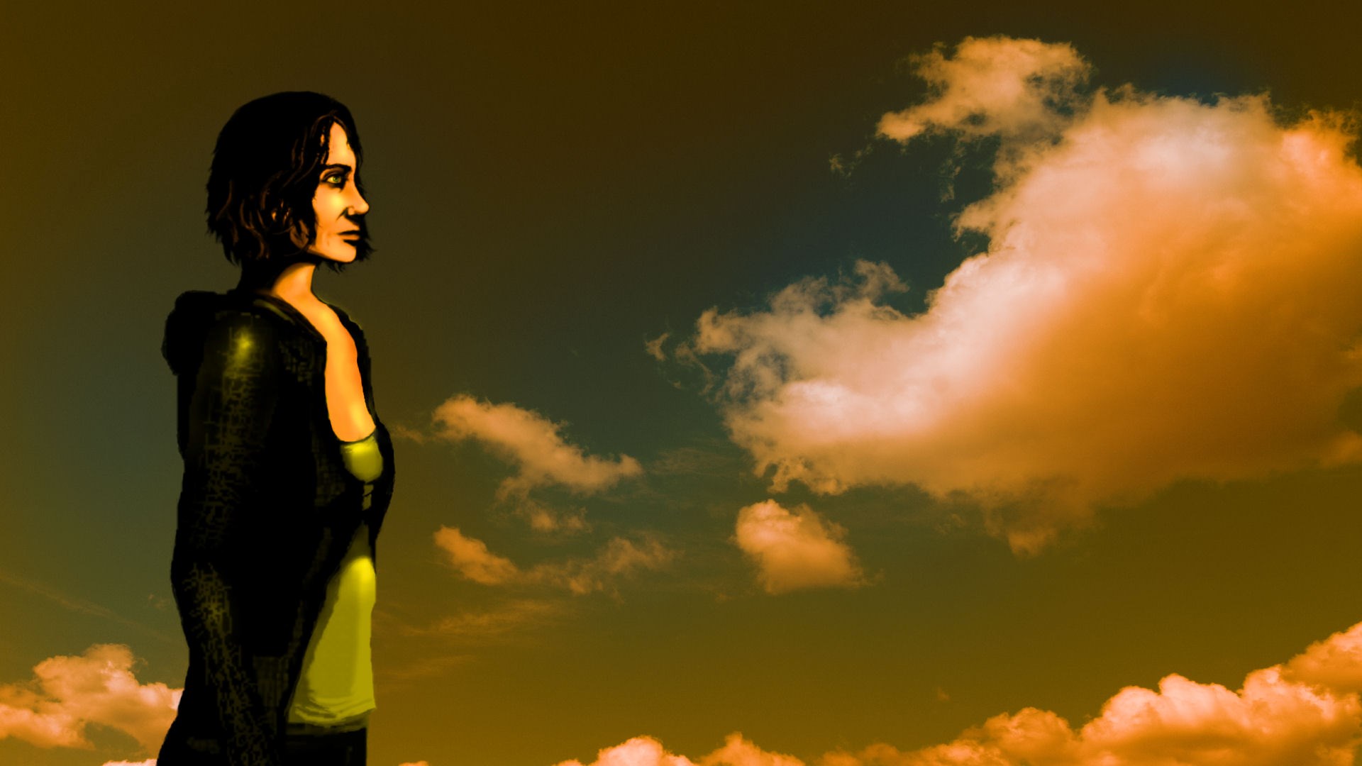 Woman in black cloak looking at clouds HD Wallpaper