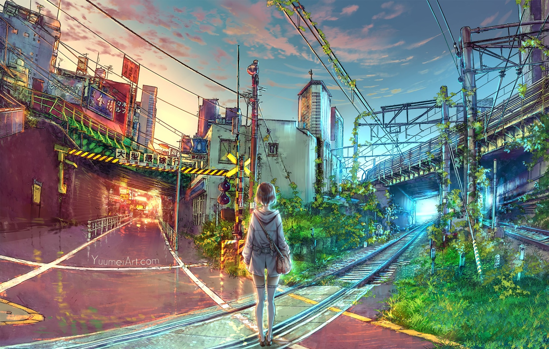 Girl at a Train Crossing in a City HD Wallpaper