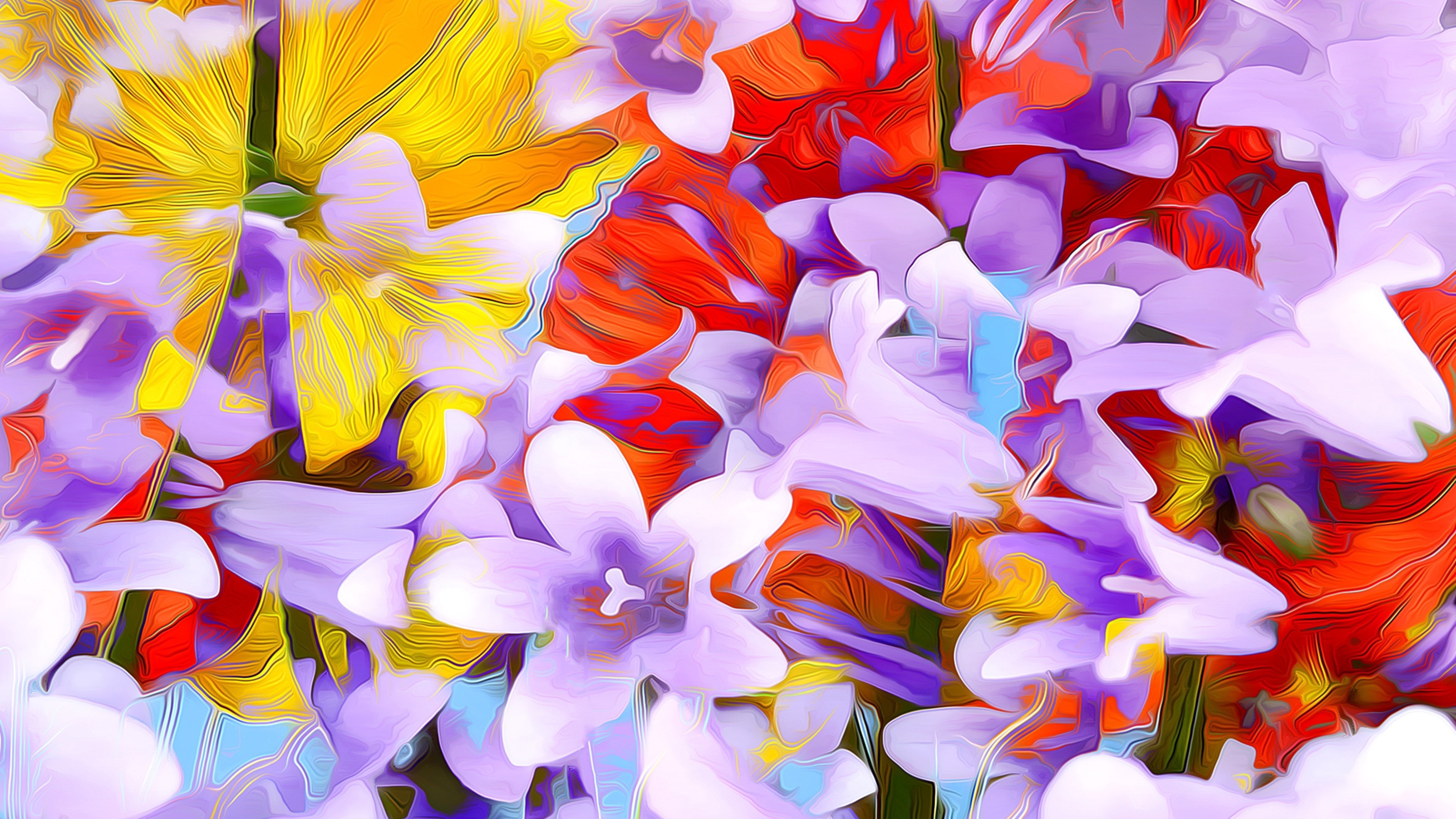Abstract floral arrangement with yellow, purple, and red flowers HD Wallpaper