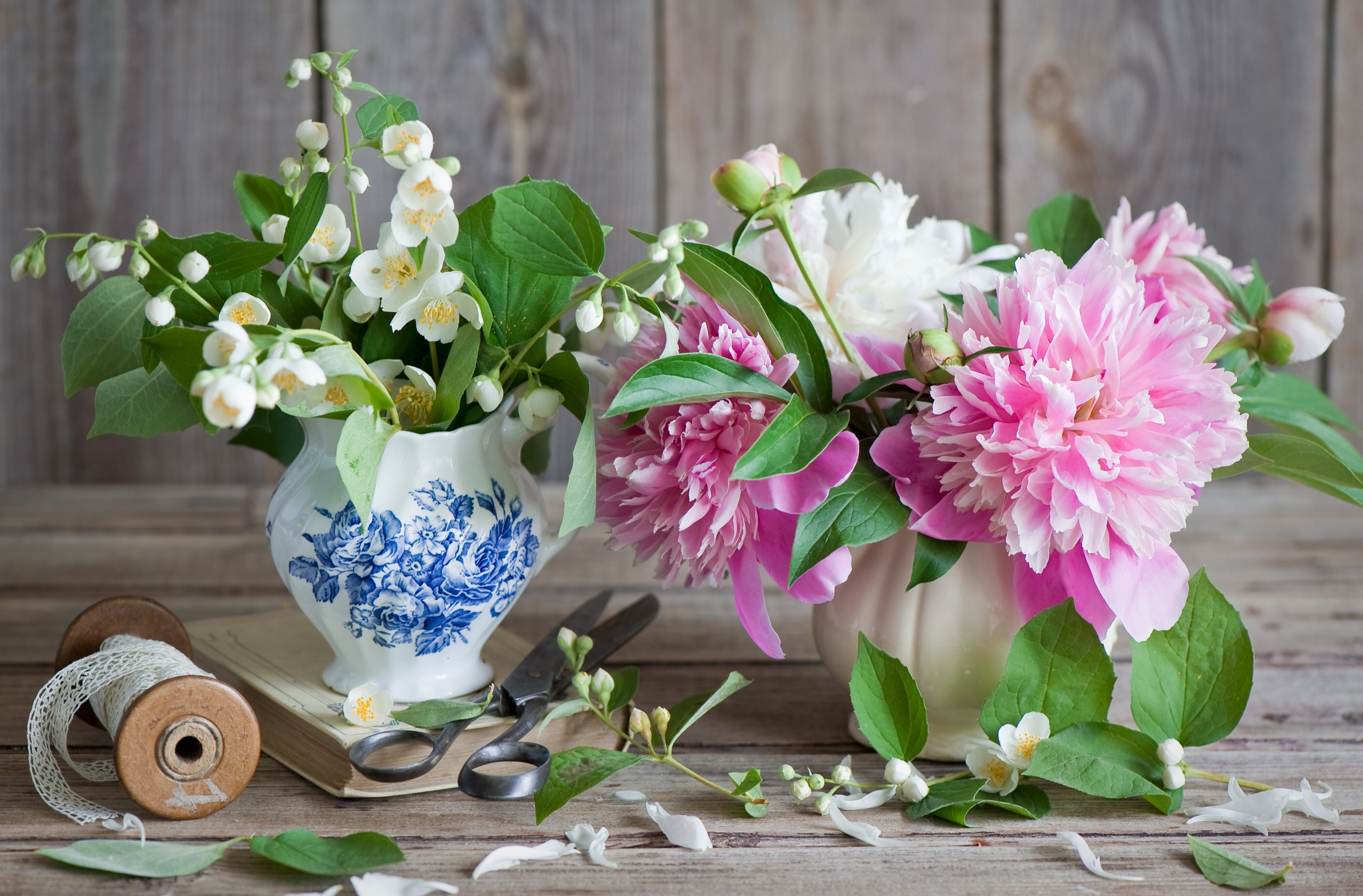 Peonies and Jasmine in Vases with Vintage Spool and Scissors HD Wallpaper