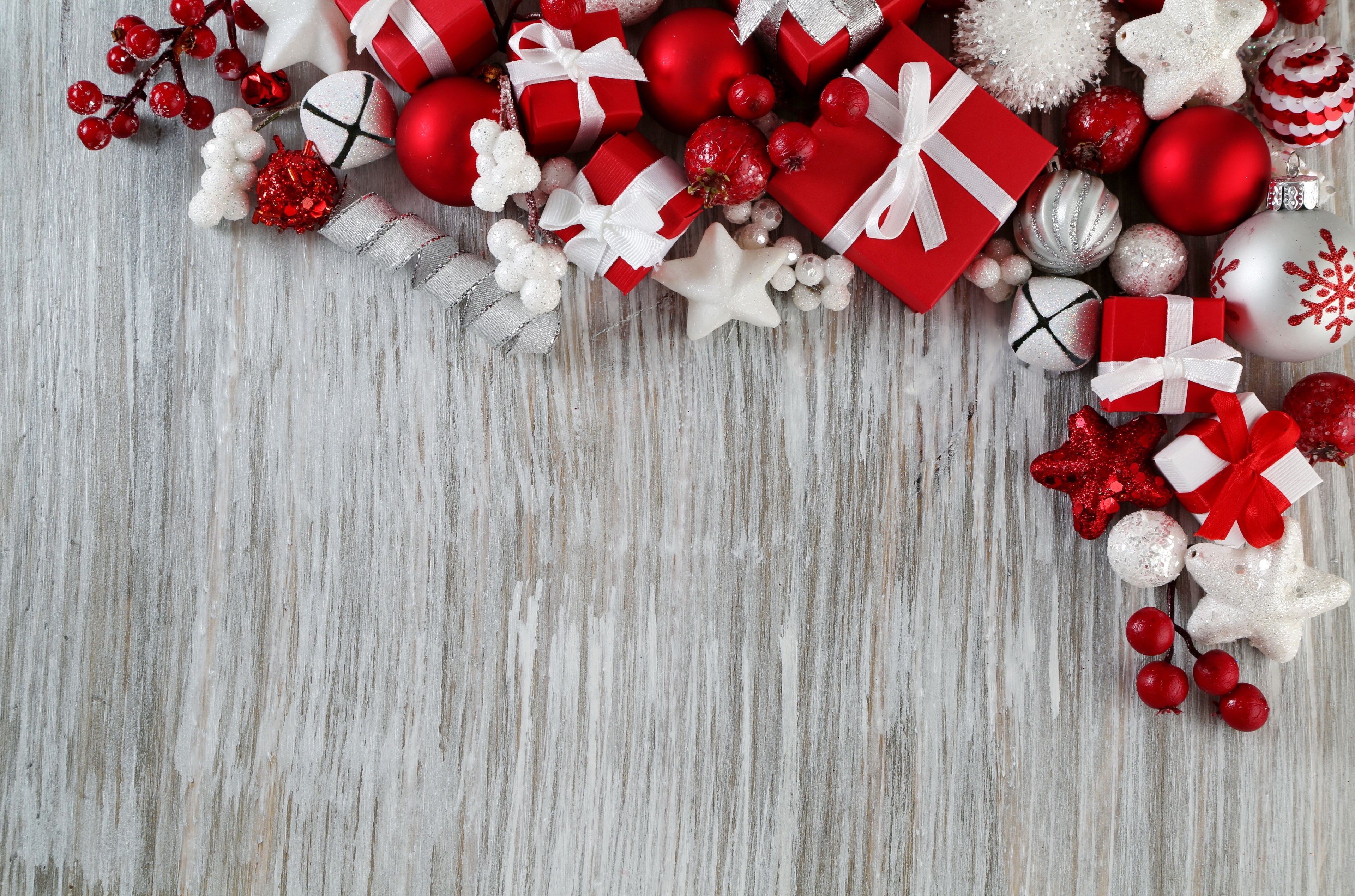 Festive Red and White Christmas Ornaments 4K HD Wallpaper