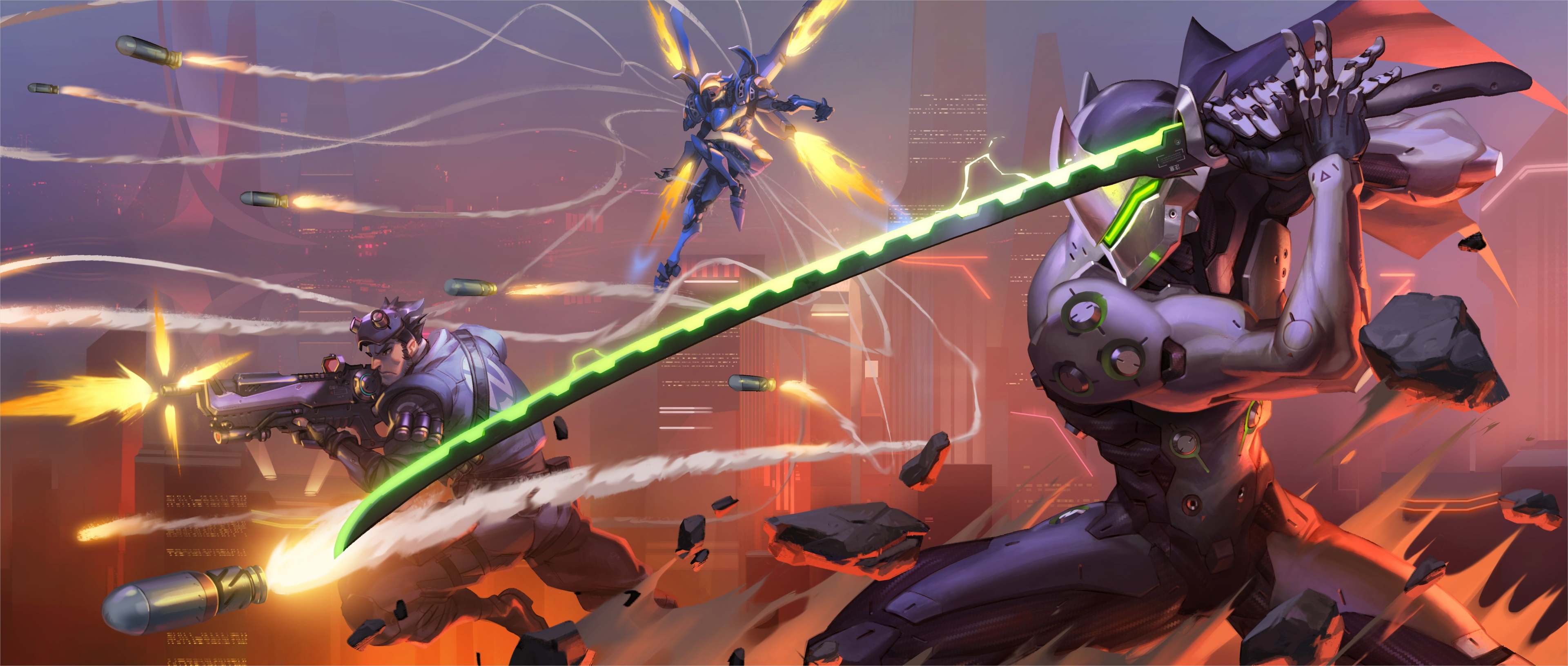 Genji and Soldier: 76 from Overwatch in battle HD Wallpaper