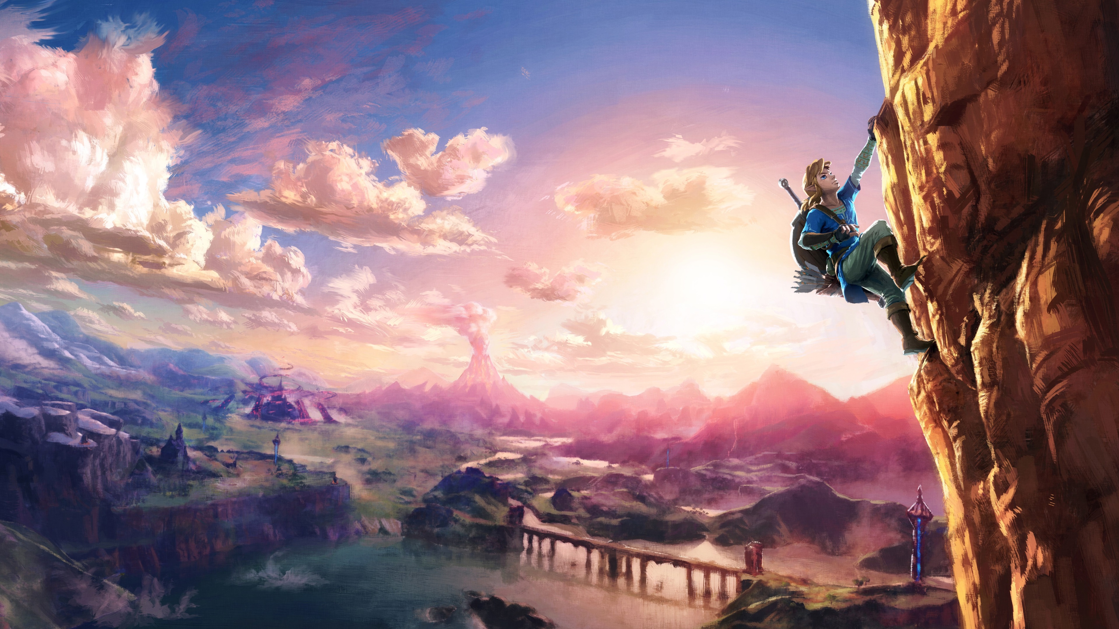 Link climbing a cliff in The Legend of Zelda 4K HD Wallpaper