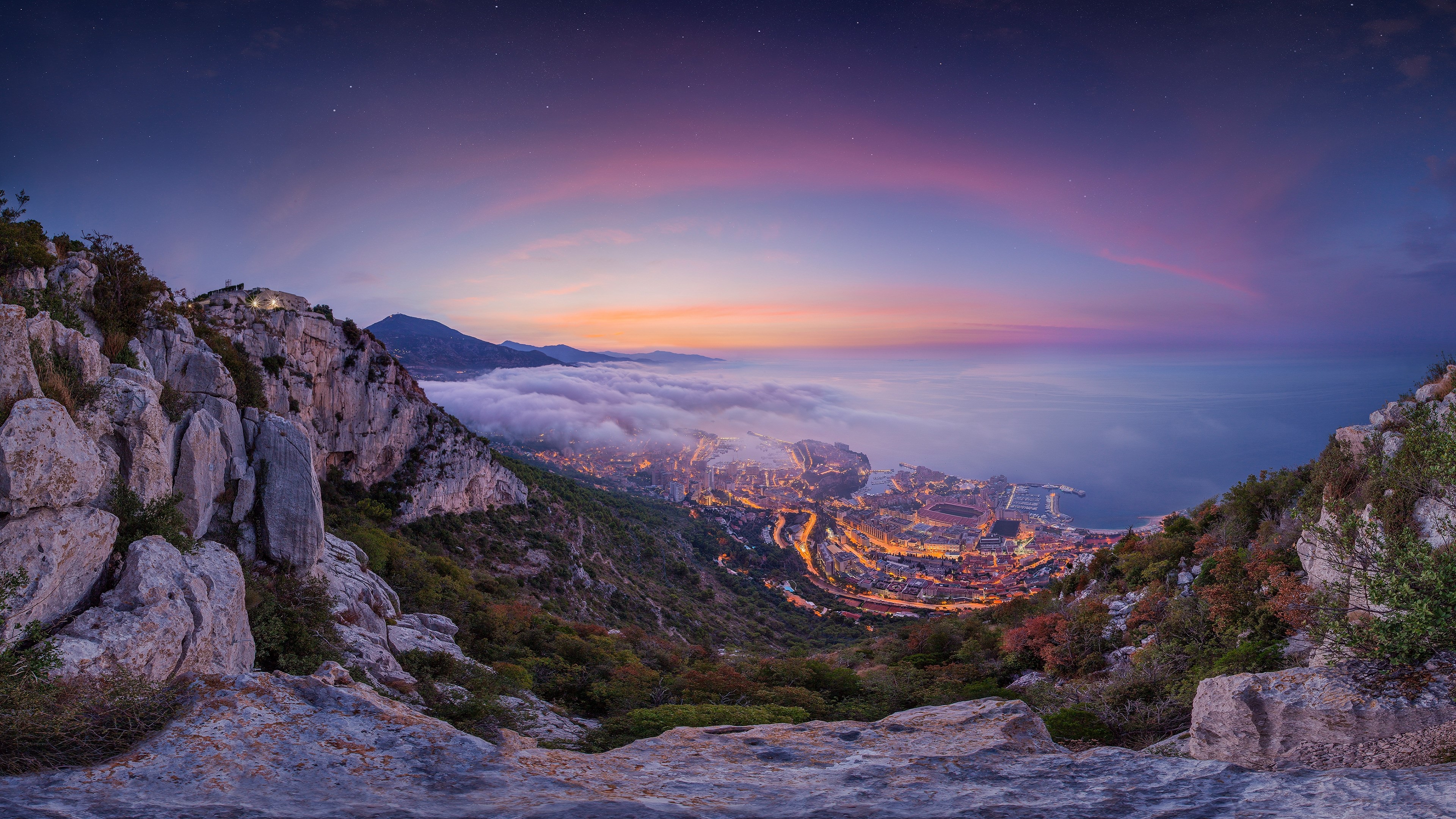 4K Sunrise Over Coastal Mountain Town HD Wallpaper