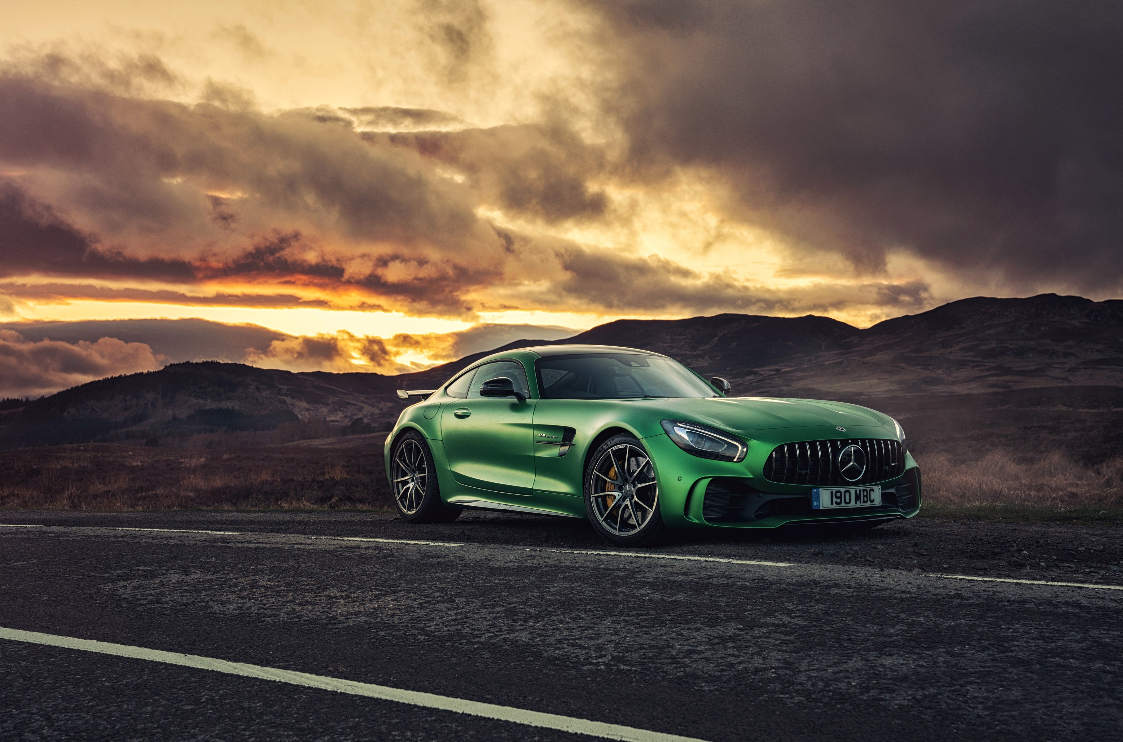 Green Mercedes-AMG GT R on a Road at Sunset HD Wallpaper