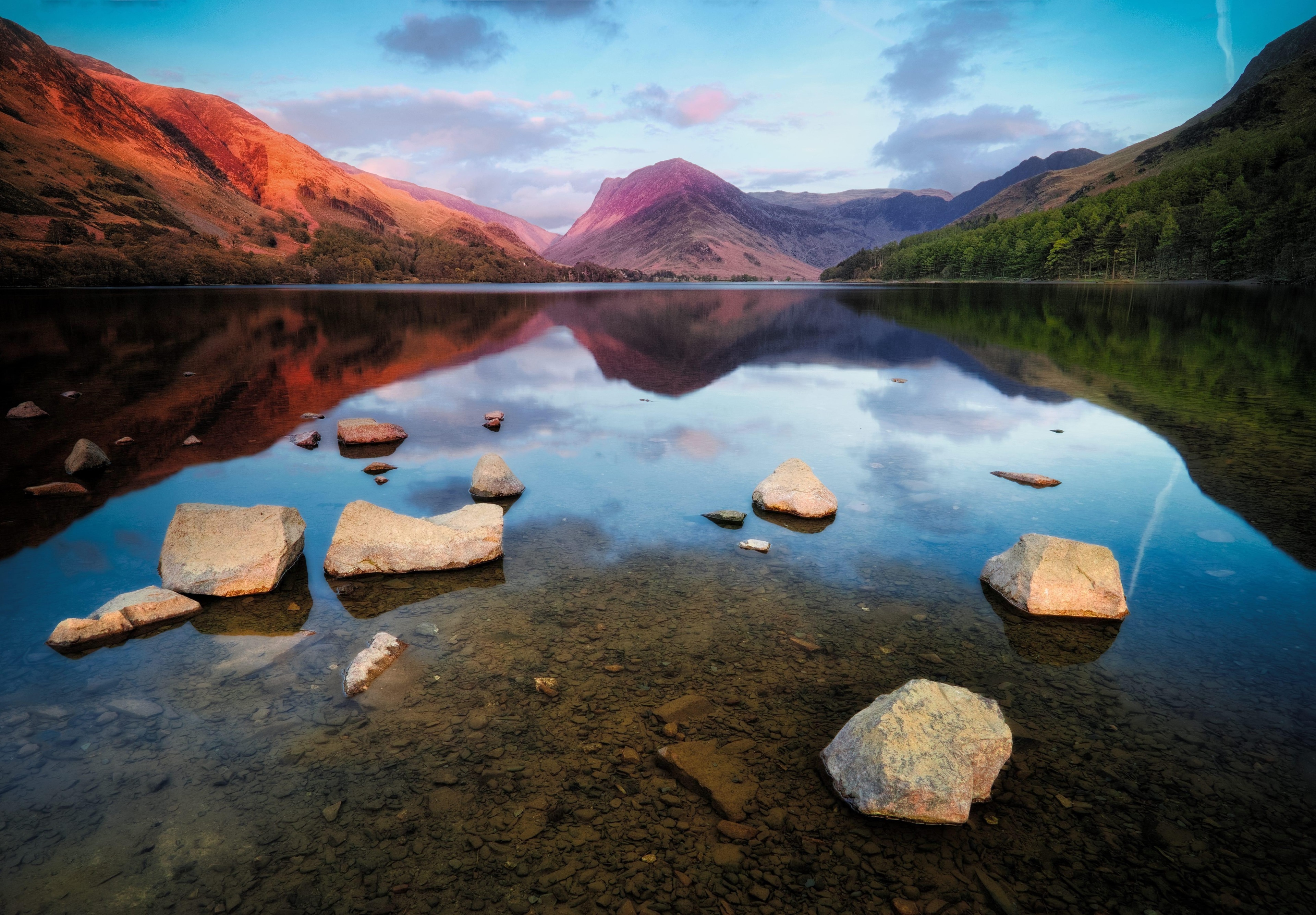 Lake and mountains at sunset, 4K HD Wallpaper