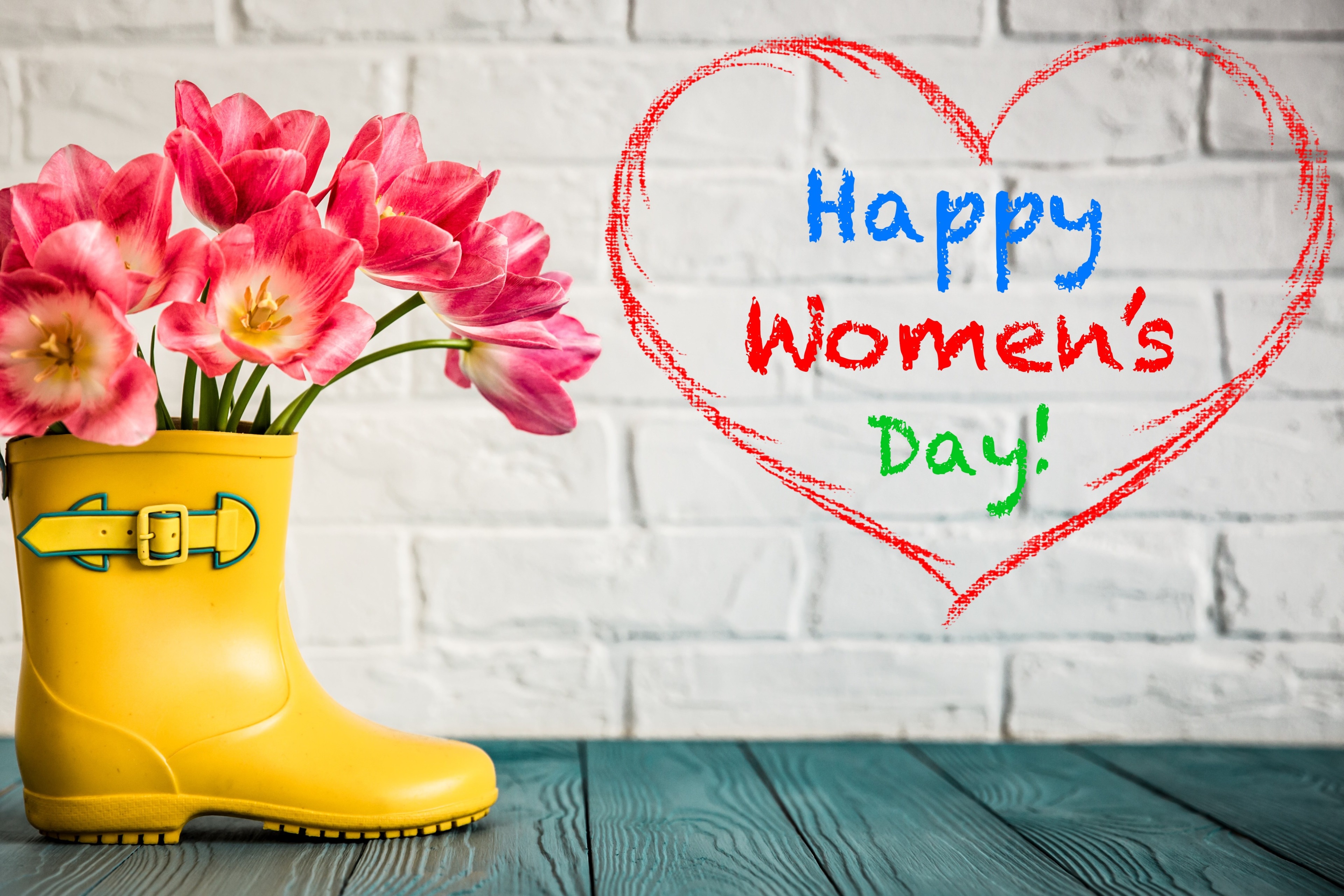 Happy Women's Day tulips in yellow boot 4K HD Wallpaper