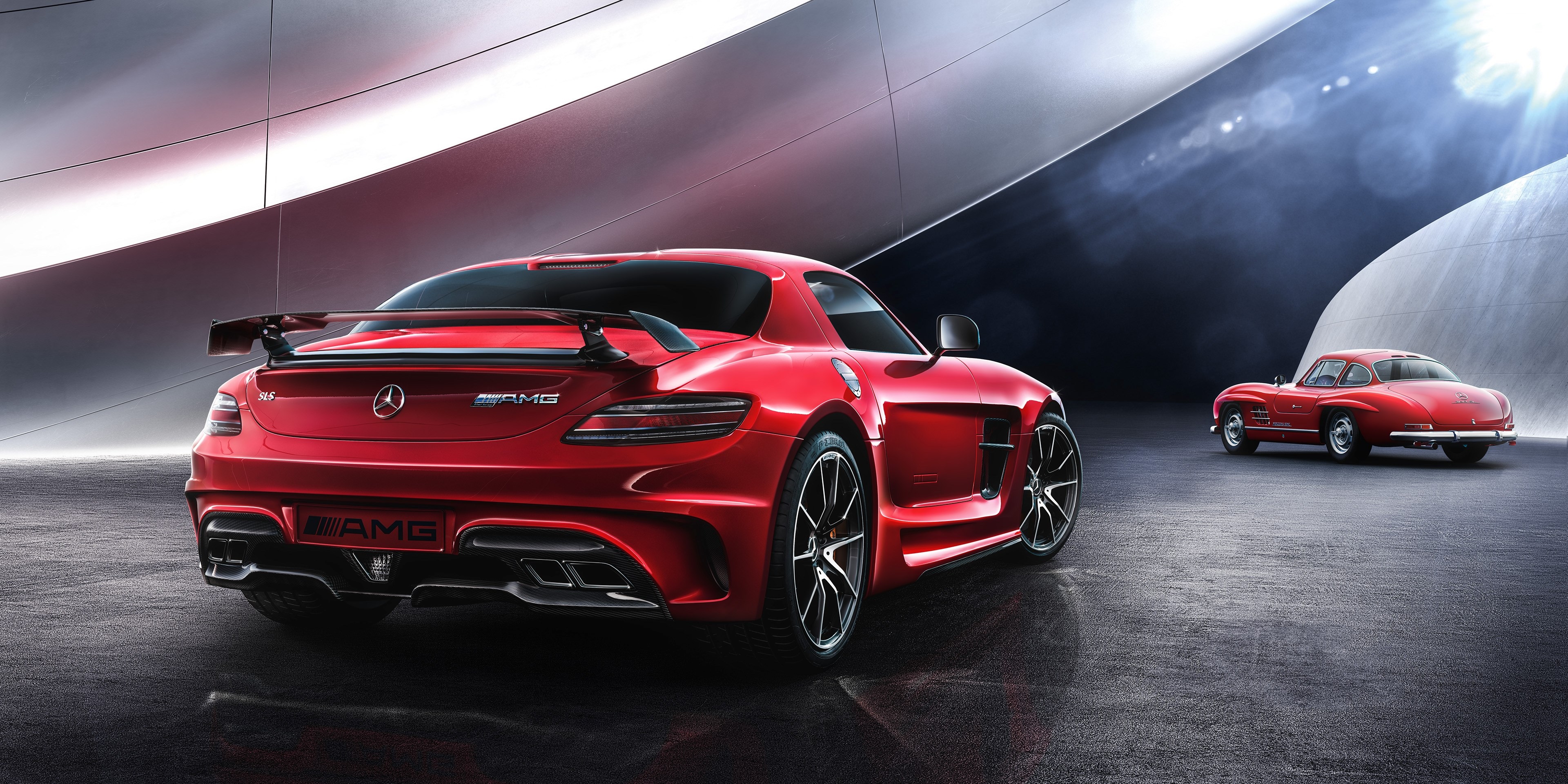 Red Mercedes SLS AMG and Classic Mercedes 300 SL HD Wallpaper