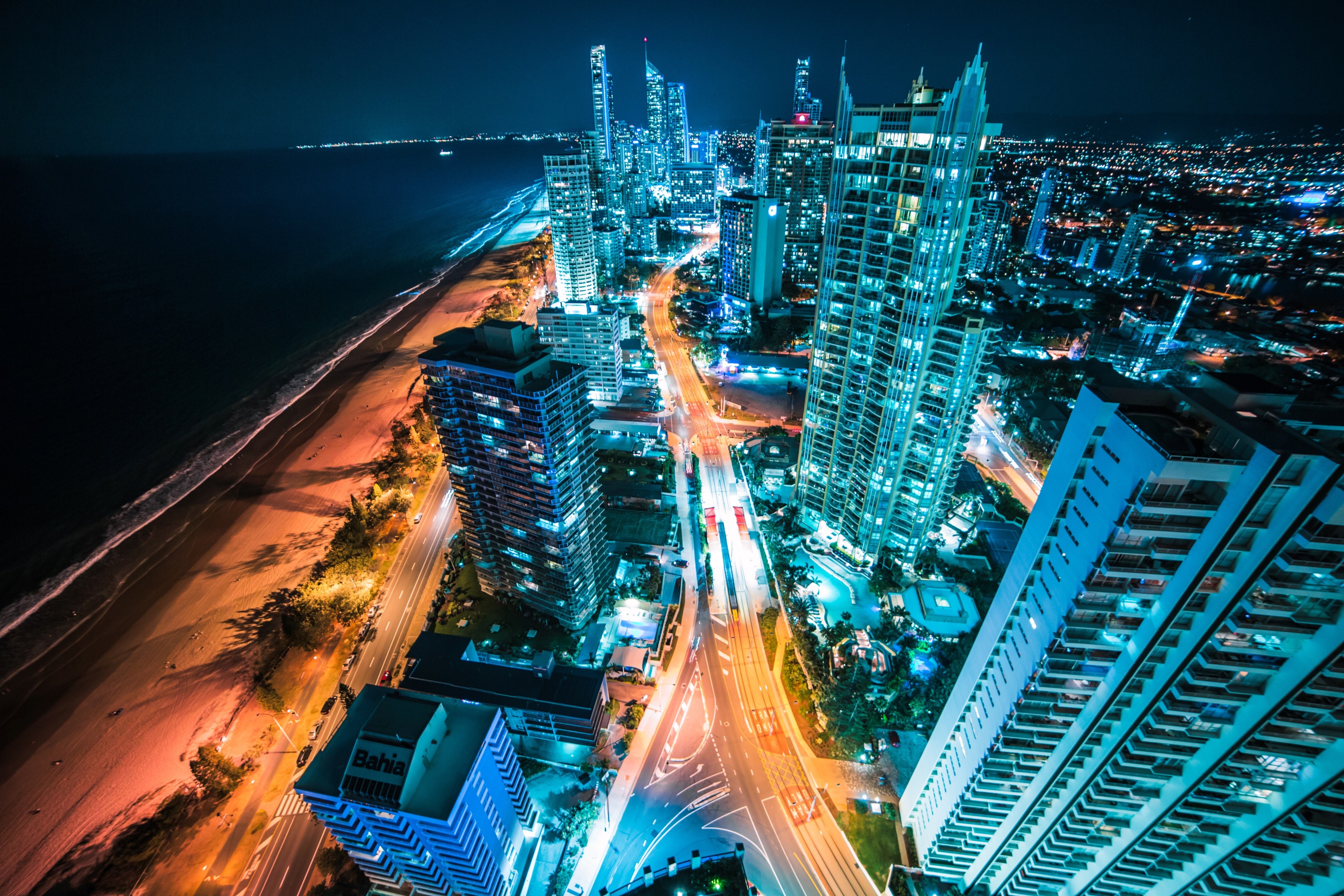 Aerial view of Gold Coast skyscrapers and beach at night, Australia 4K HD Wallpaper
